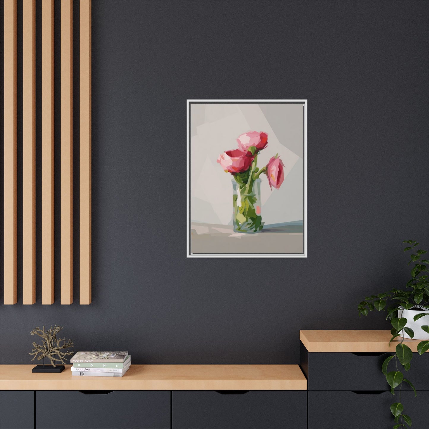 Framed Canvas Art — Pink Roses in Vase, Modern Floral Wall Print