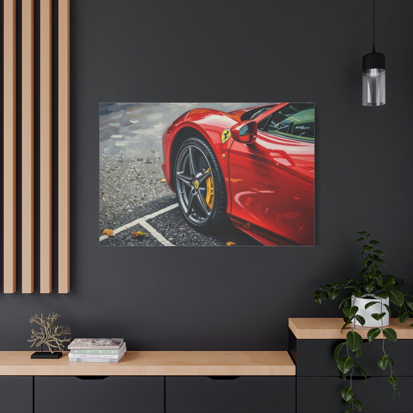 Red Sports Car Canvas Print — Ferrari Wheel Close-Up Matte Stretched Wall Art