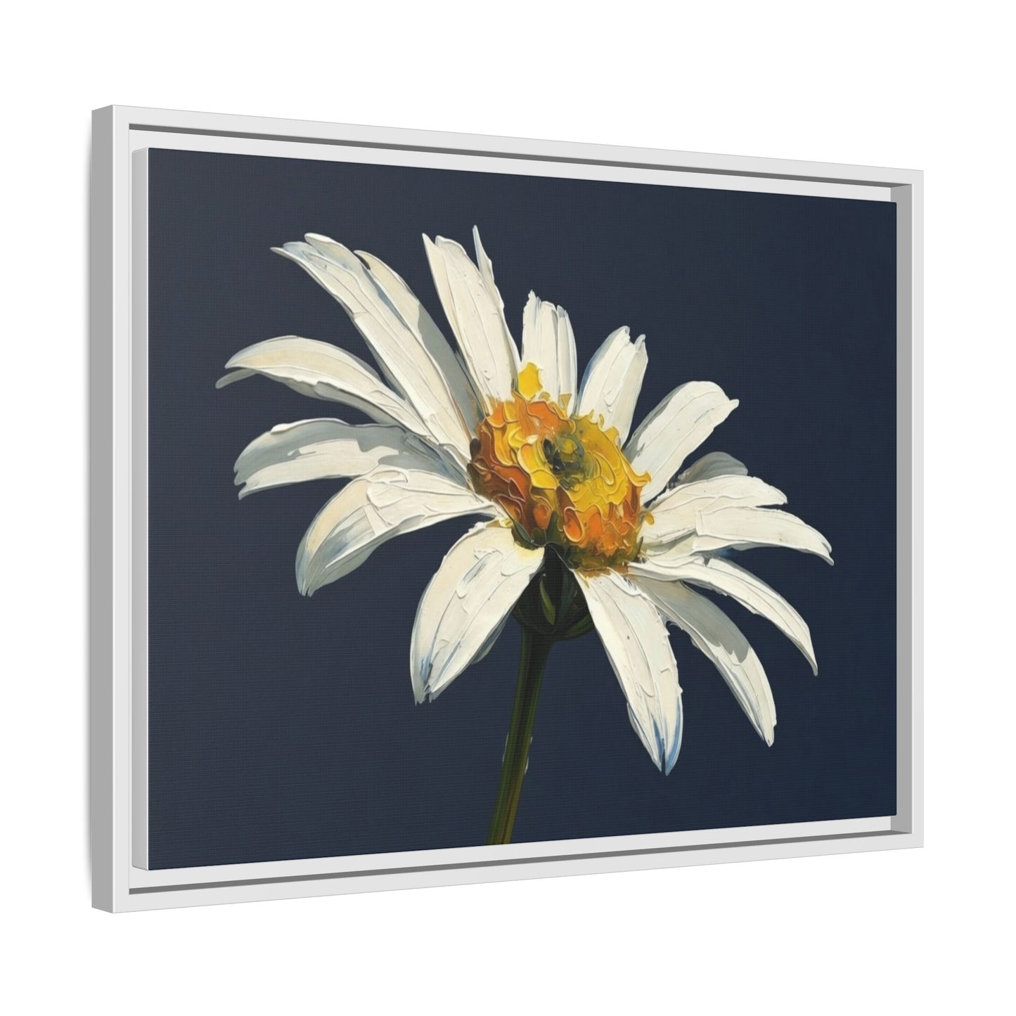 Framed Matte Canvas Daisy Wall Art — White Floral Painting on Navy