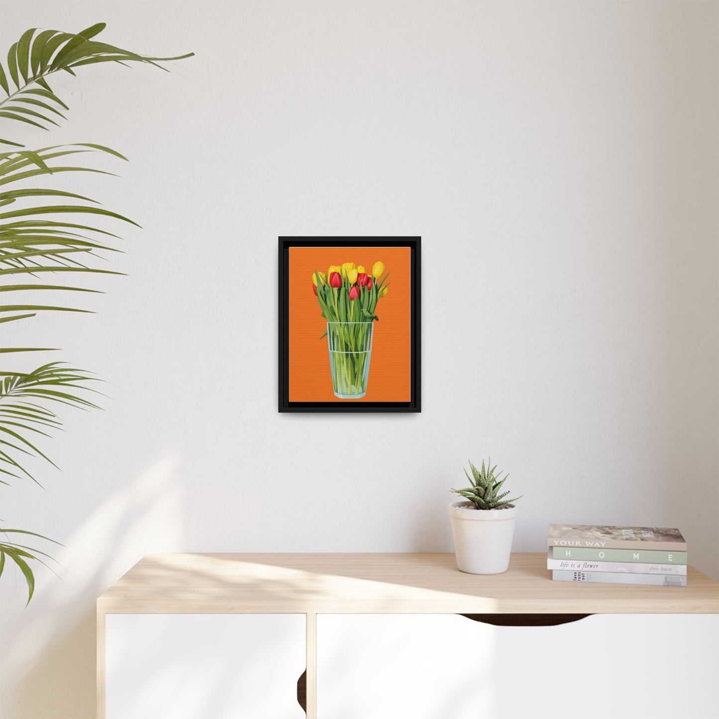 Framed Tulip Canvas Print — Colorful Tulips in Glass Vase