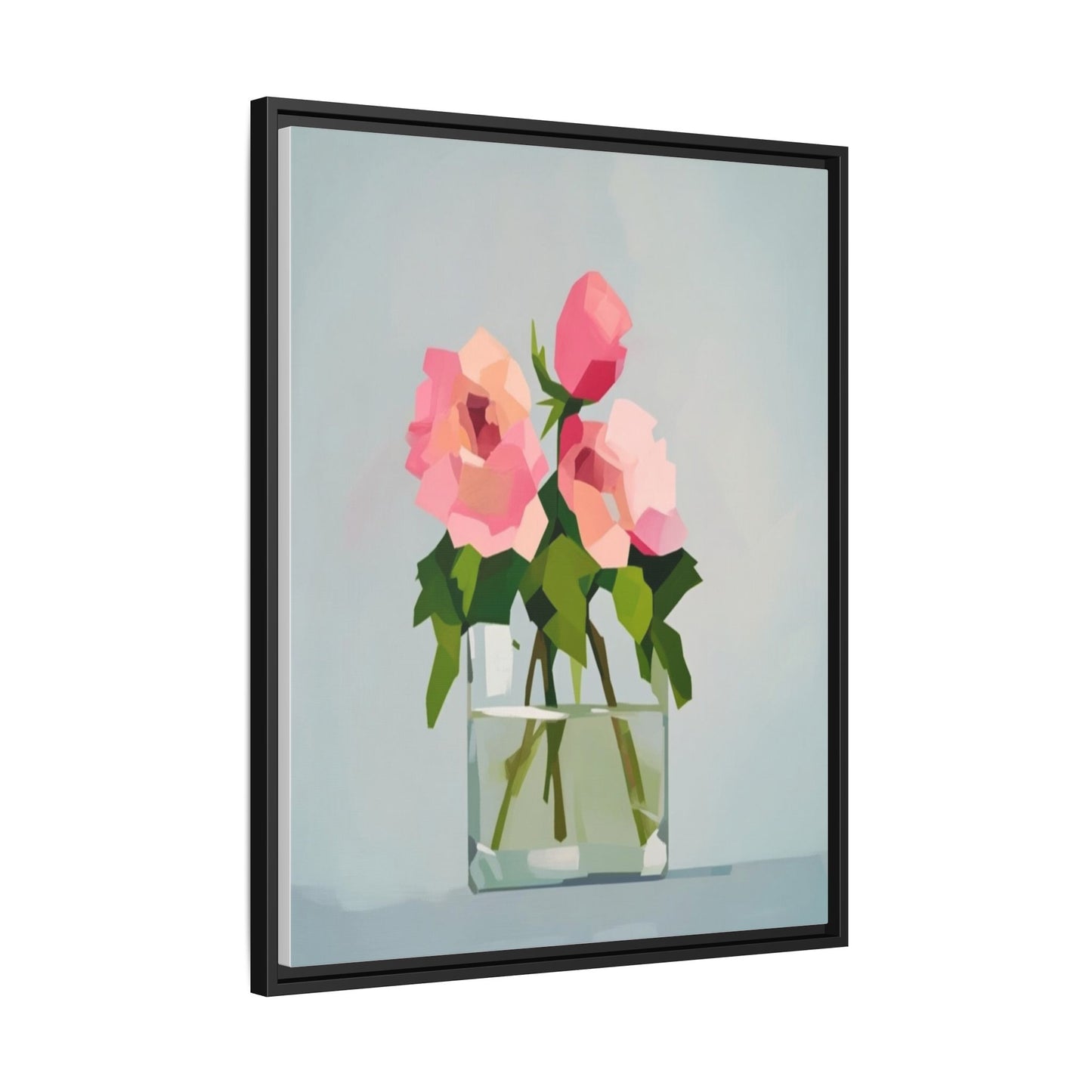 Framed Floral Canvas Print — Pink Roses in Glass Vase (Matte)