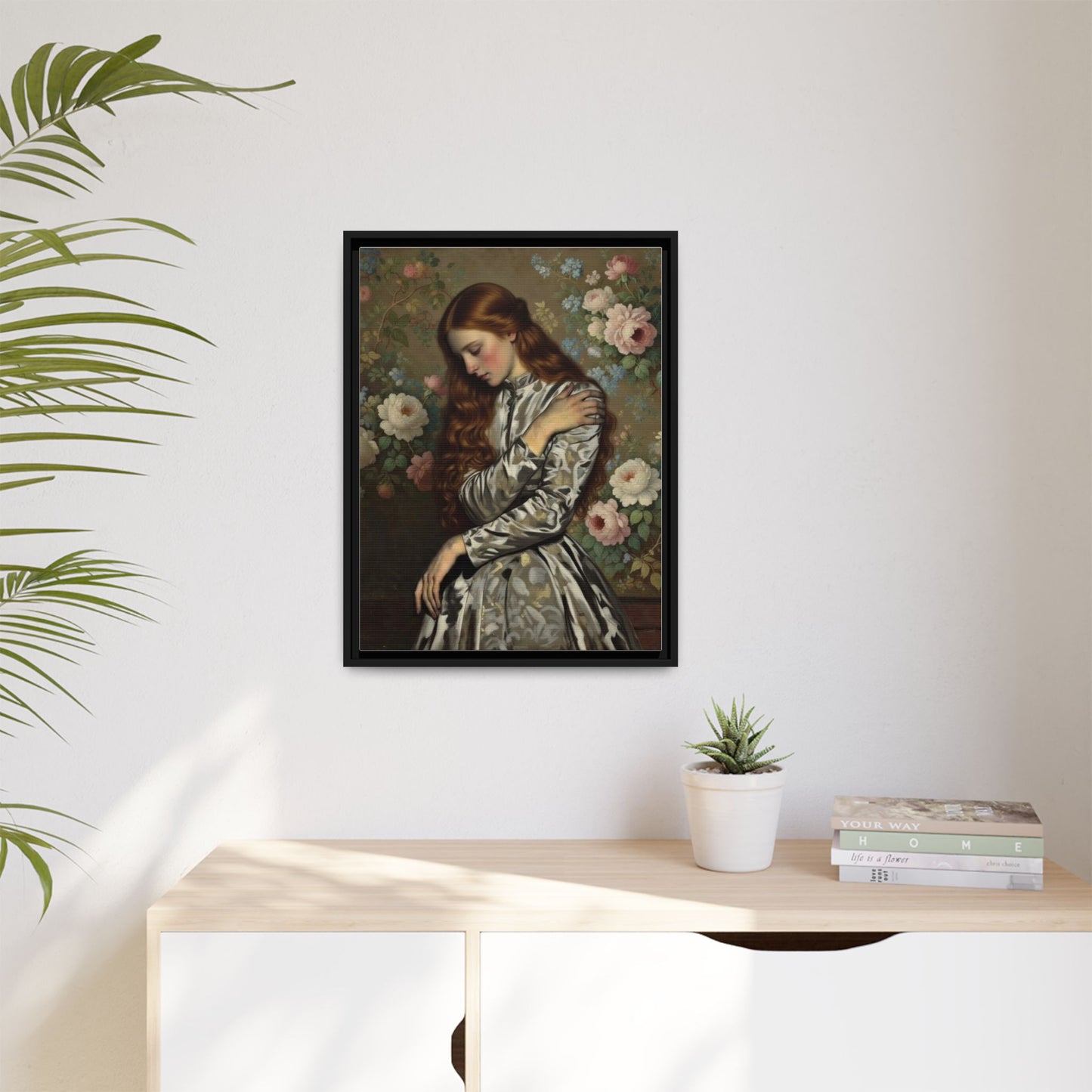 Framed Matte Canvas Art — Vintage Floral Portrait of a Young Woman