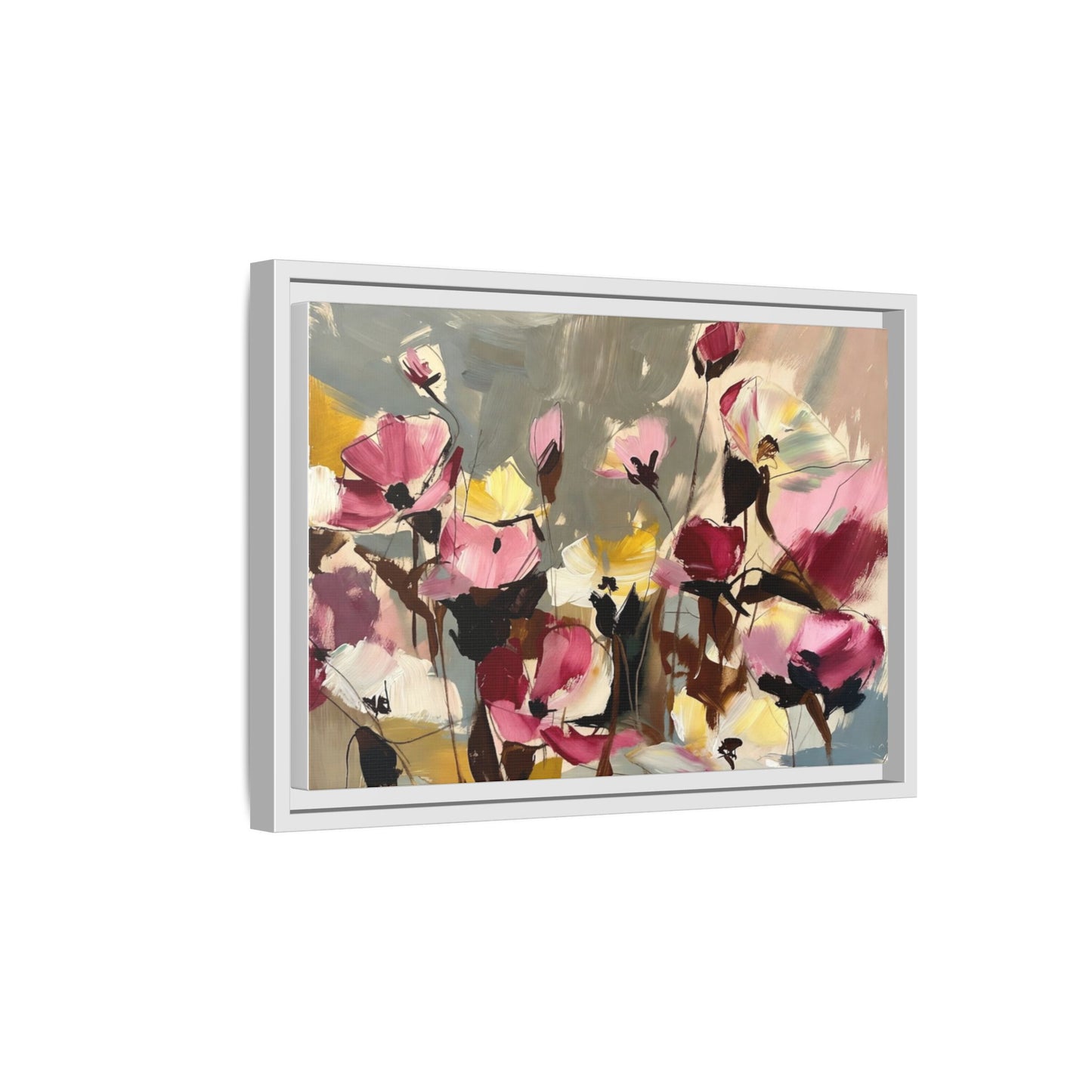 Framed Floral Canvas Wall Art — Abstract Pink & Yellow Flowers