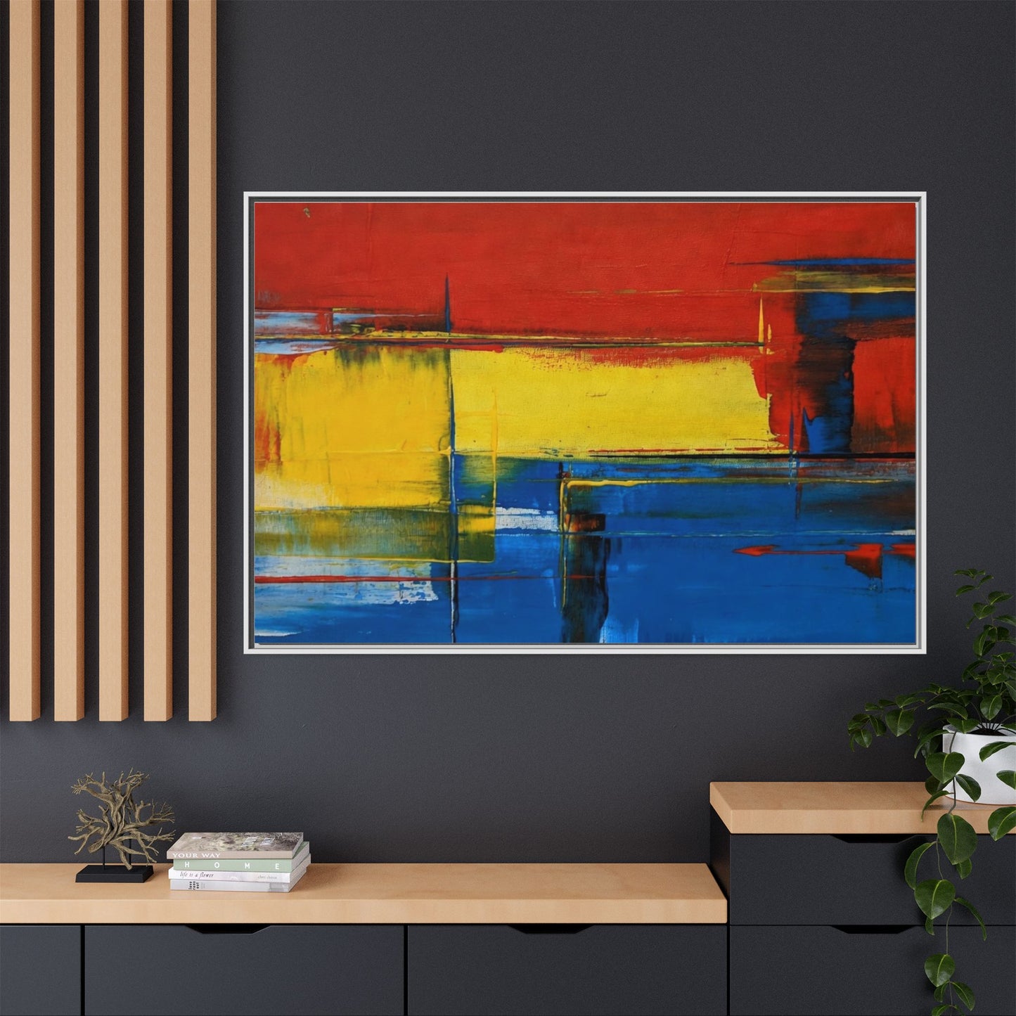 Abstract Color Block Matte Canvas Framed Wall Art — Modern Red Yellow Blue Painting