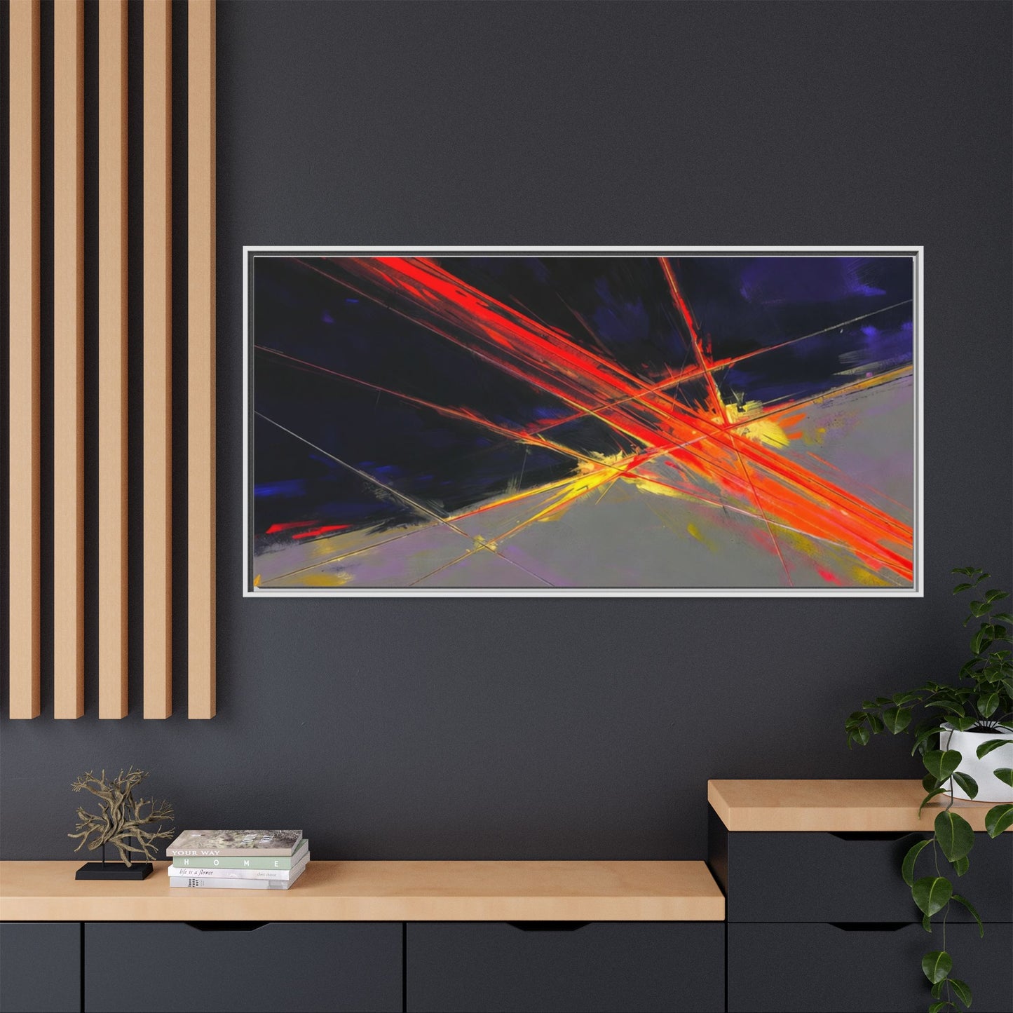 Abstract Red Streaks Framed Matte Canvas Art — Modern Multi‑Color Wall Decor