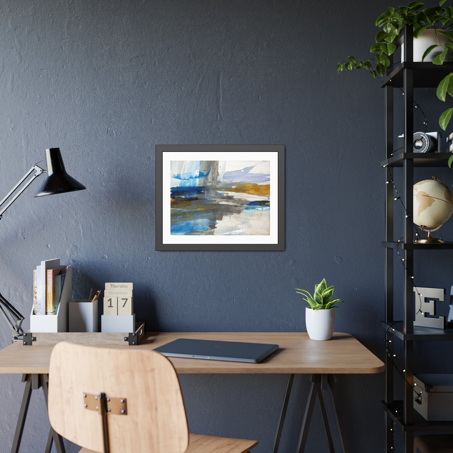 Abstract Coastal Waterscape Framed Poster — Blue & Gold Modern Wall Art