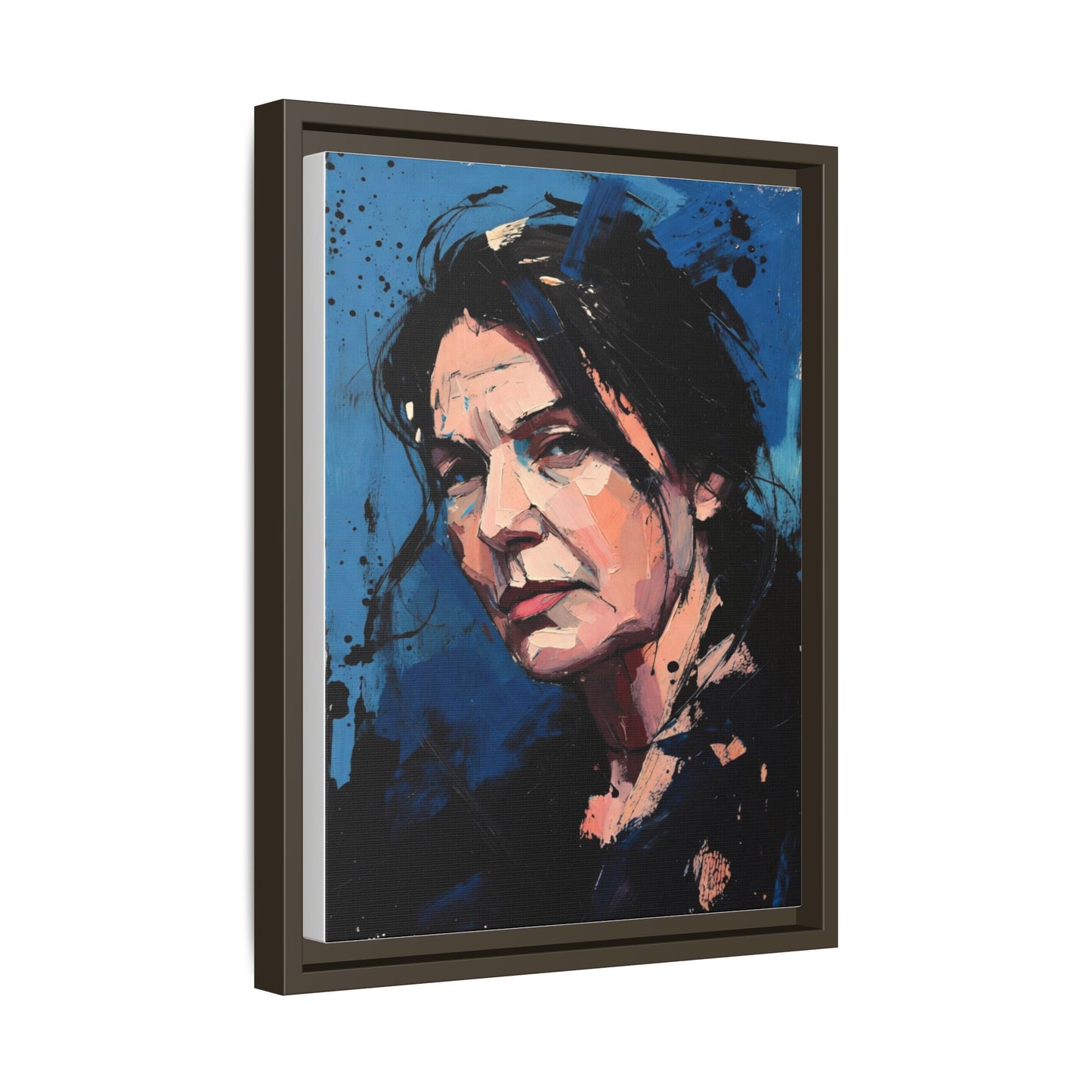 Framed Matte Canvas Portrait — Expressive Blue Painterly Woman Art