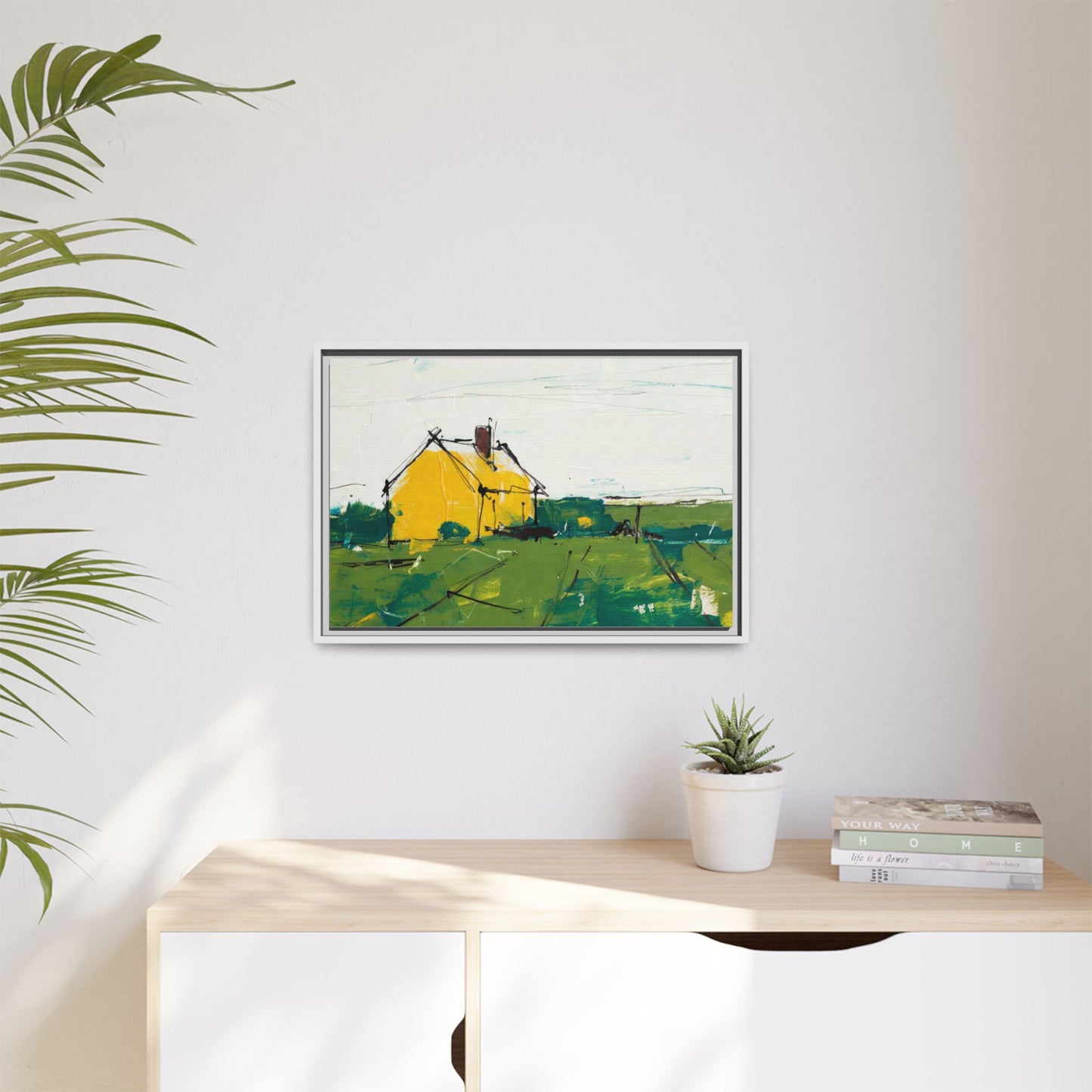Yellow Cottage Landscape Framed Canvas Print