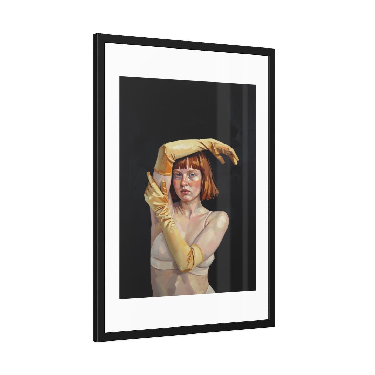 Framed Art Poster — Portrait of Redhead Woman in Yellow Gloves (Gallery Wall Print)