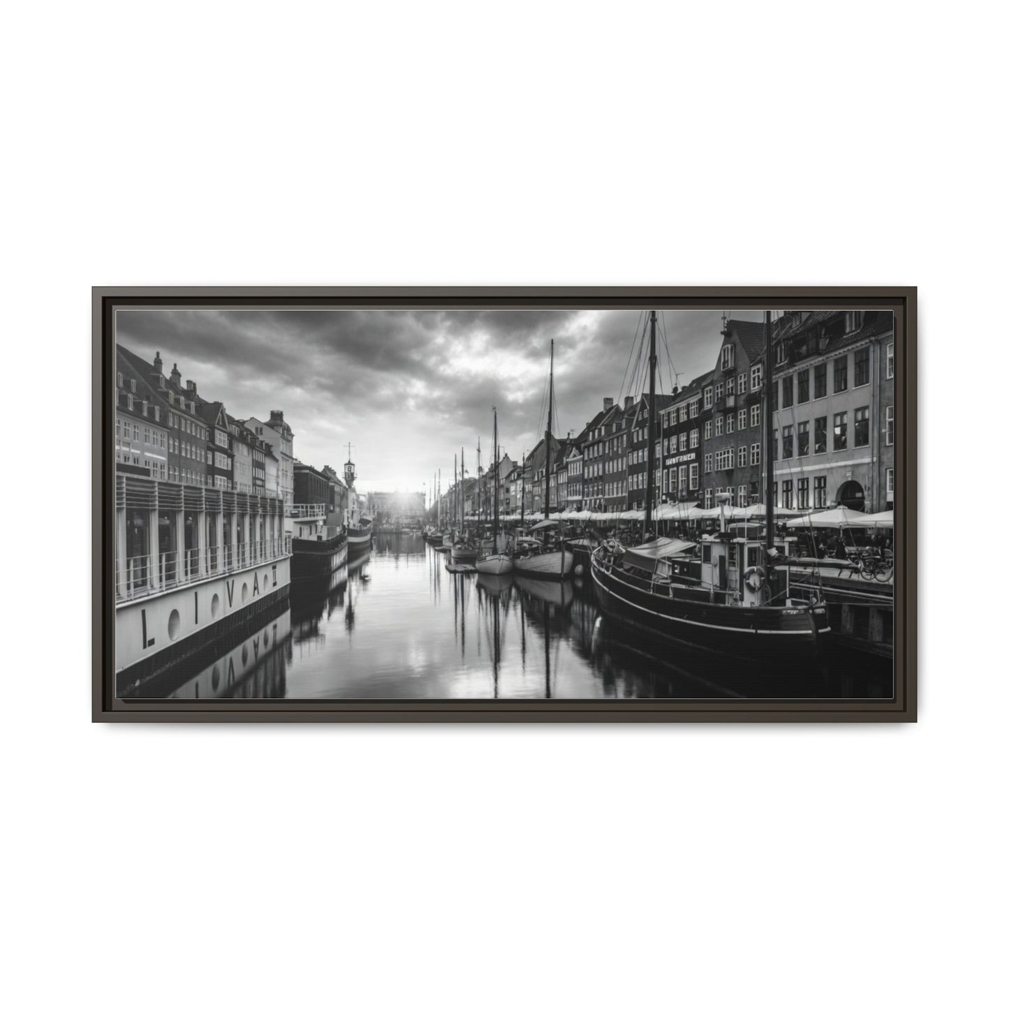 Framed Matte Canvas: Black & White Dutch Canal Photography Wall Art