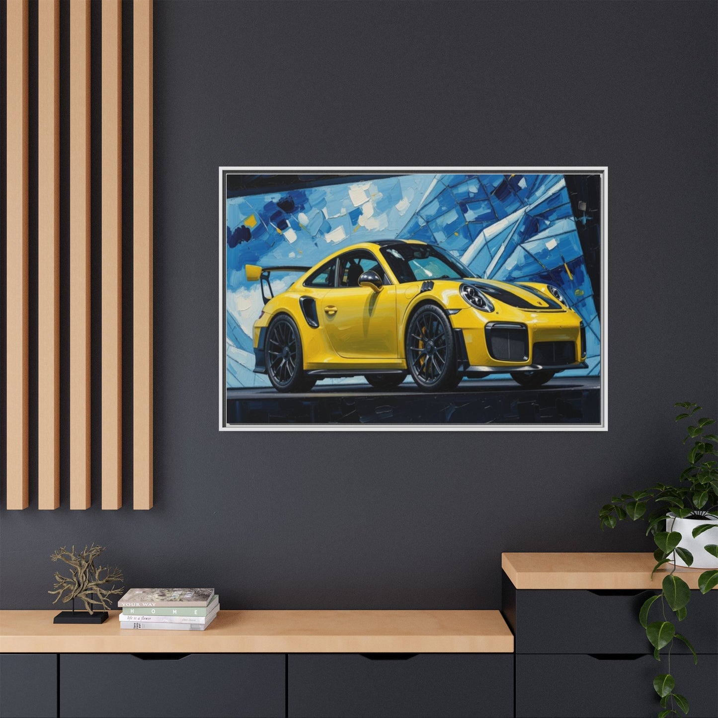 Yellow Porsche Sports Car Matte Framed Canvas – Modern Automotive Wall Art