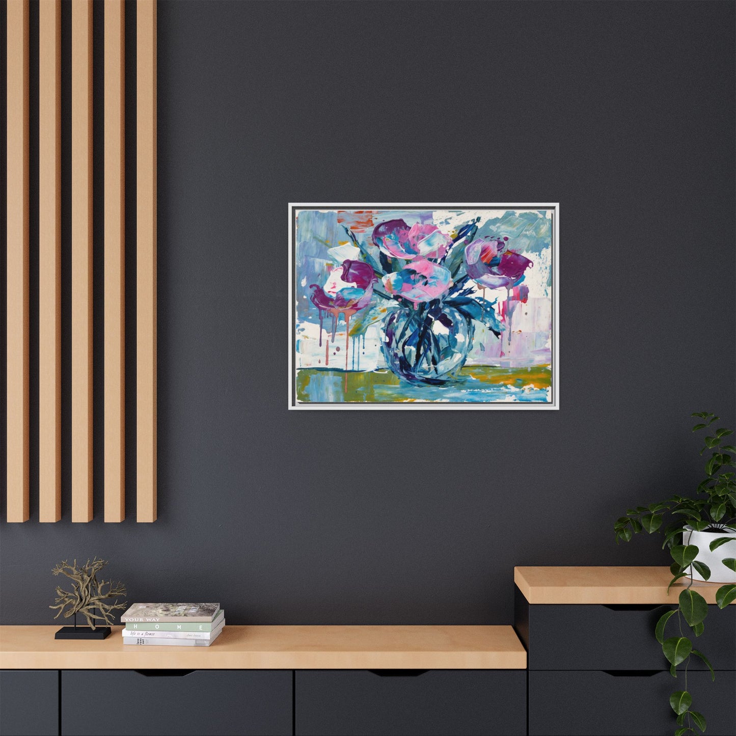 Framed Floral Canvas Art — Abstract Pink & Blue Bouquet