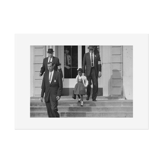 US Marshals with Young Ruby Bridges on School Steps by Unknown  Black & White Civil Rights Photograph Wall Art Print