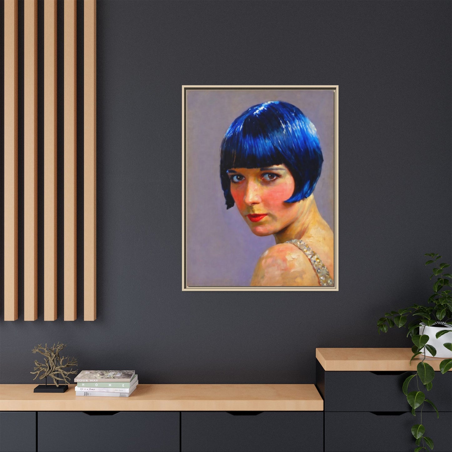 Framed Matte Canvas Art Print — Vintage Portrait with Blue Bob