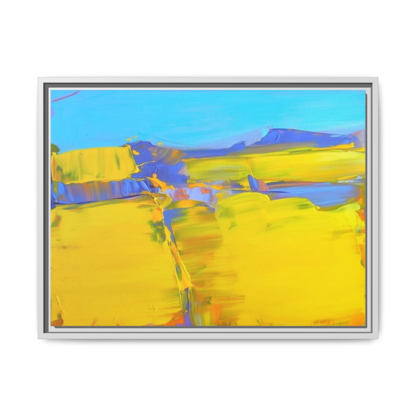 Framed Matte Canvas  Vibrant Yellow Blue Abstract Landscape Art