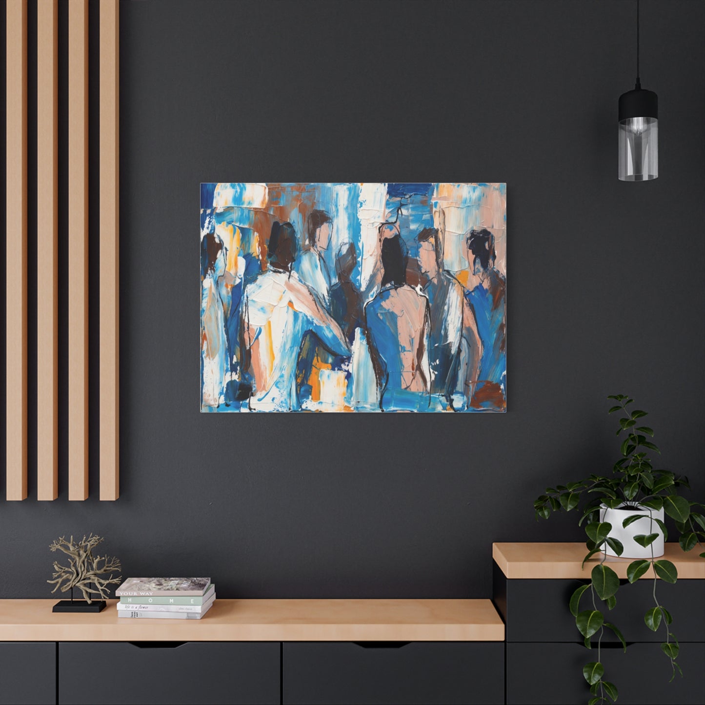 Abstract Figurative Canvas Art — Blue Social Scene Matte Stretched Canvas