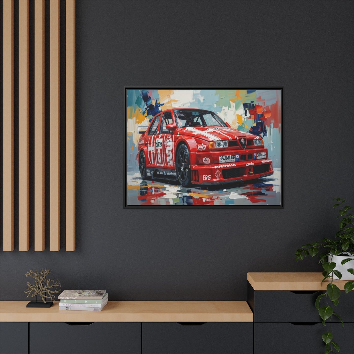 Framed Racing Car Canvas Print — Red Alfa Romeo Track Art
