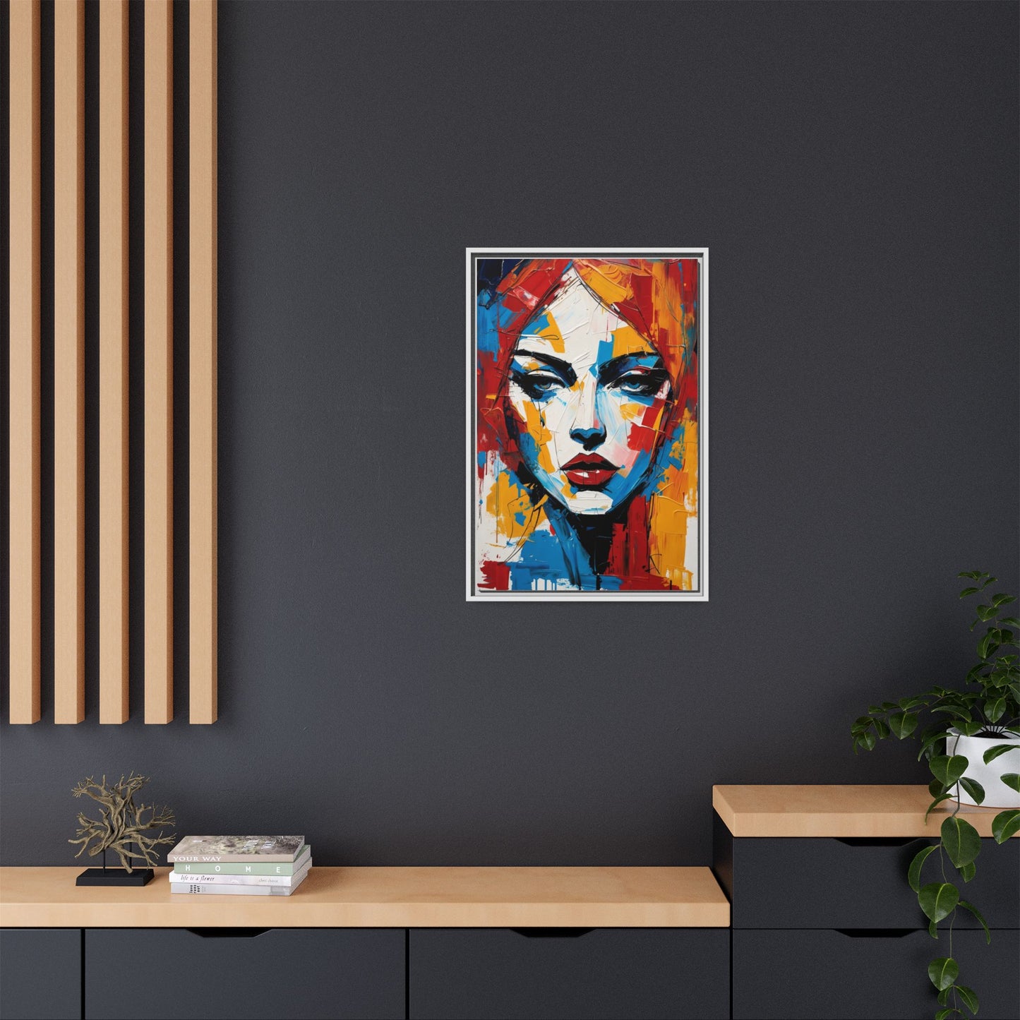 Framed Abstract Portrait Canvas — Colorful Female Face Wall Art