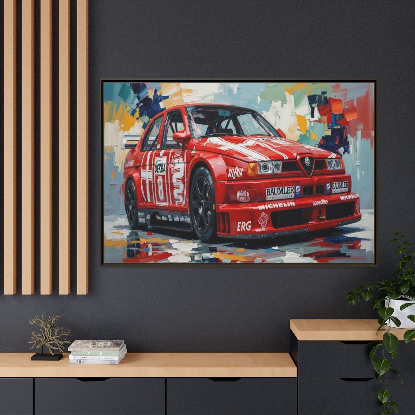 Framed Racing Car Canvas Print — Red Alfa Romeo Track Art