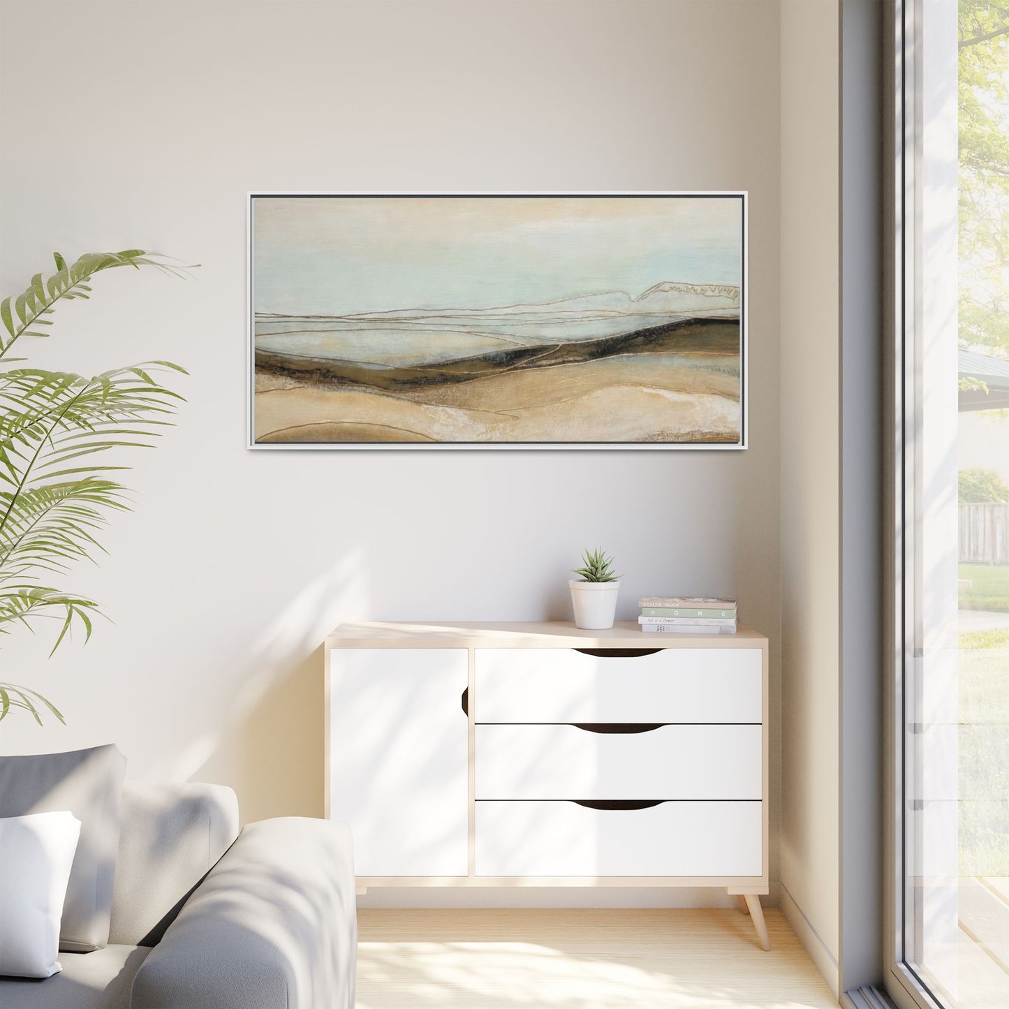 Framed Matte Canvas Wall Art — Neutral Abstract Landscape in Soft Blues & Earth Tones