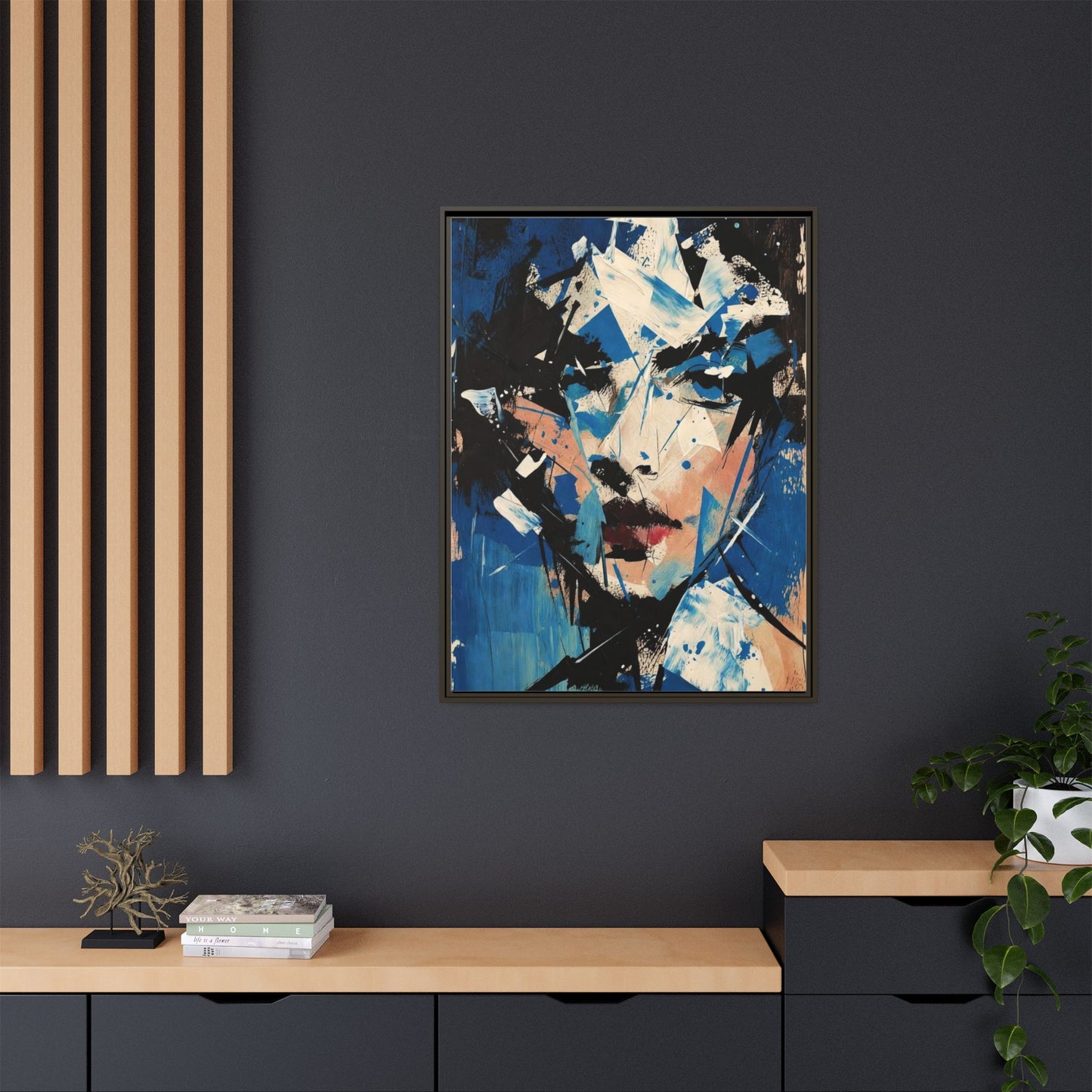 Abstract Portrait Matte Canvas Framed Wall Art — Blue Mixed-Media Face Print