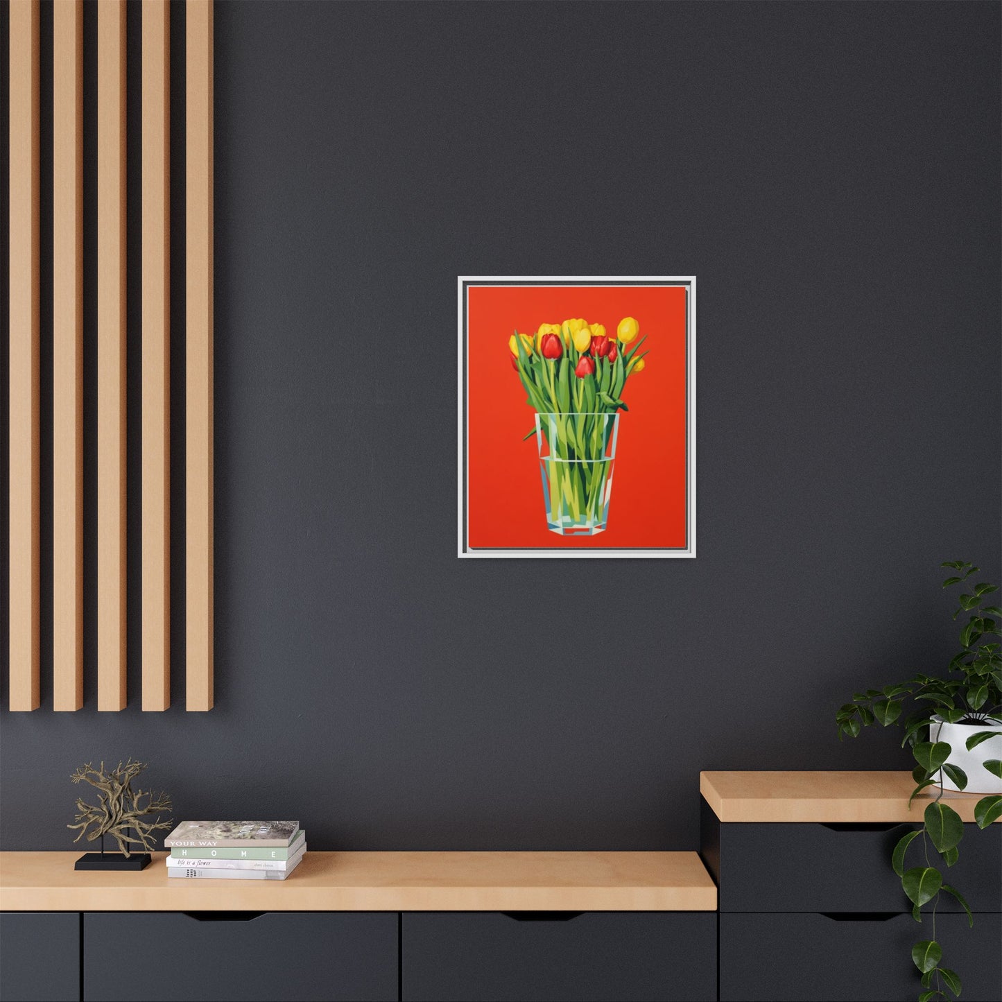 Framed Tulip Bouquet Matte Canvas Art — Vibrant Red Floral Wall Print