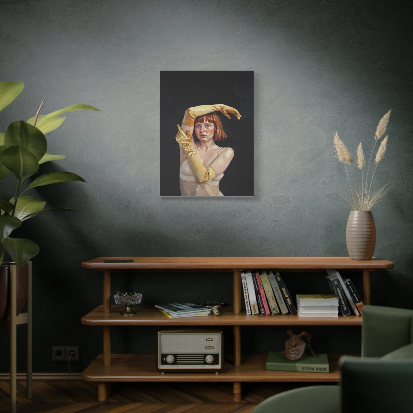 Contemporary Portrait Canvas — Redhead in Yellow Gloves Matte Stretched Art