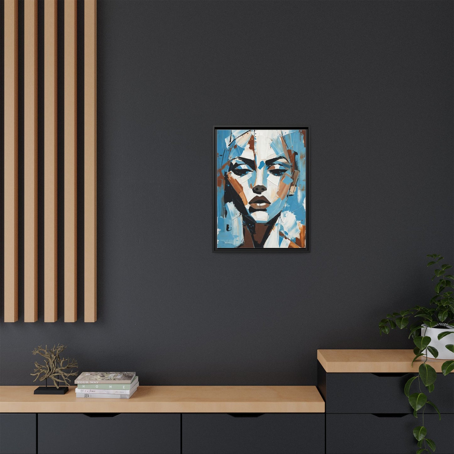 Abstract Blue Face Matte Canvas Wall Art — Framed Modern Portrait Print