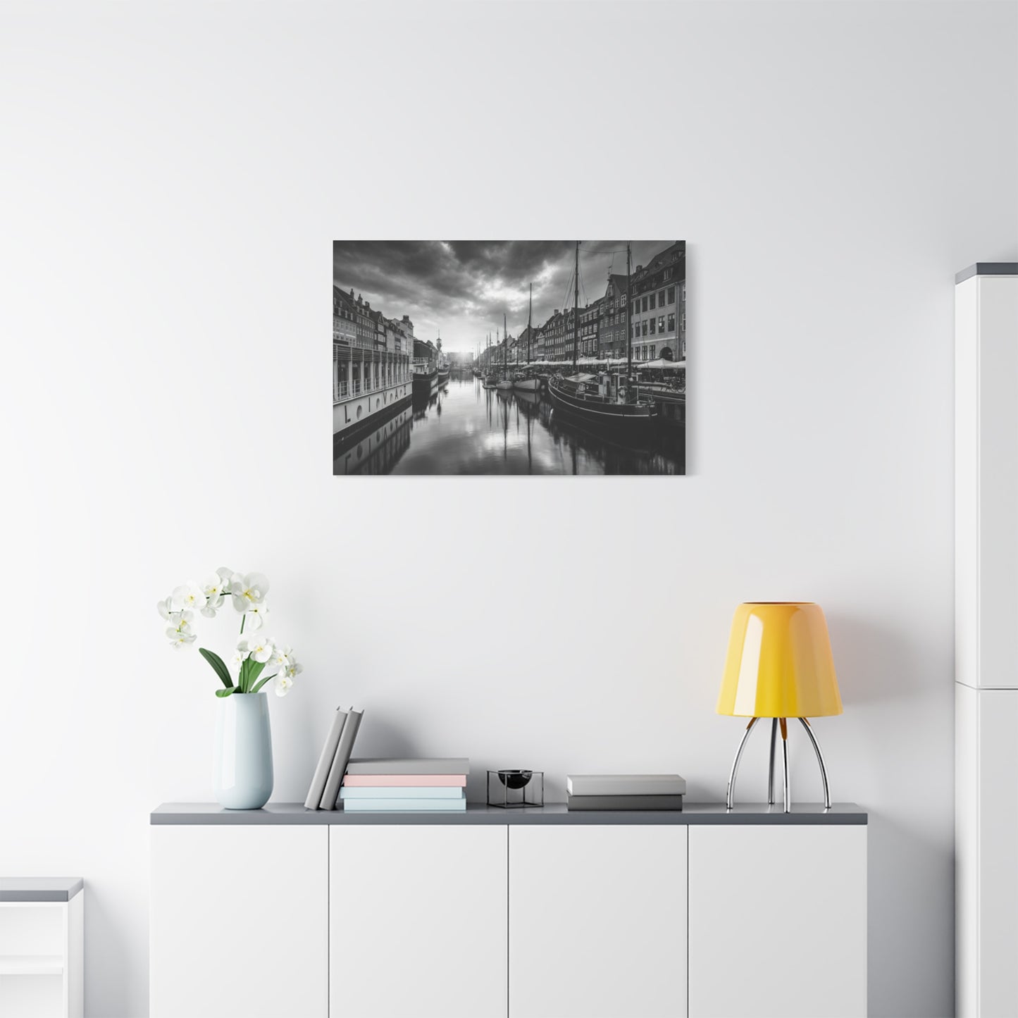 Black & White Harbor Canvas Print — Dramatic Copenhagen Cityscape Wall Art