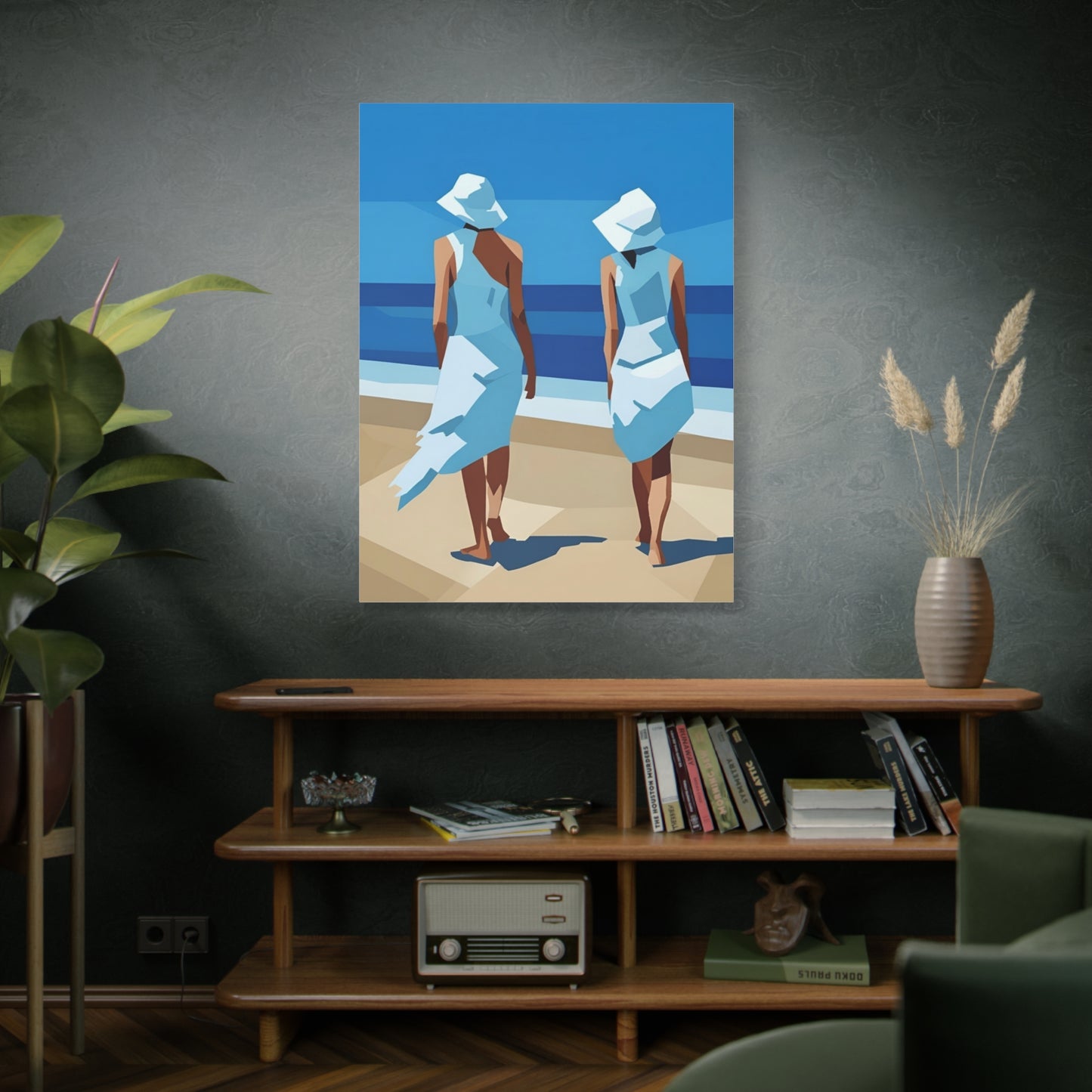 Beach Stroll Canvas Print — Two Women in Blue Sun Hats Matte Stretched