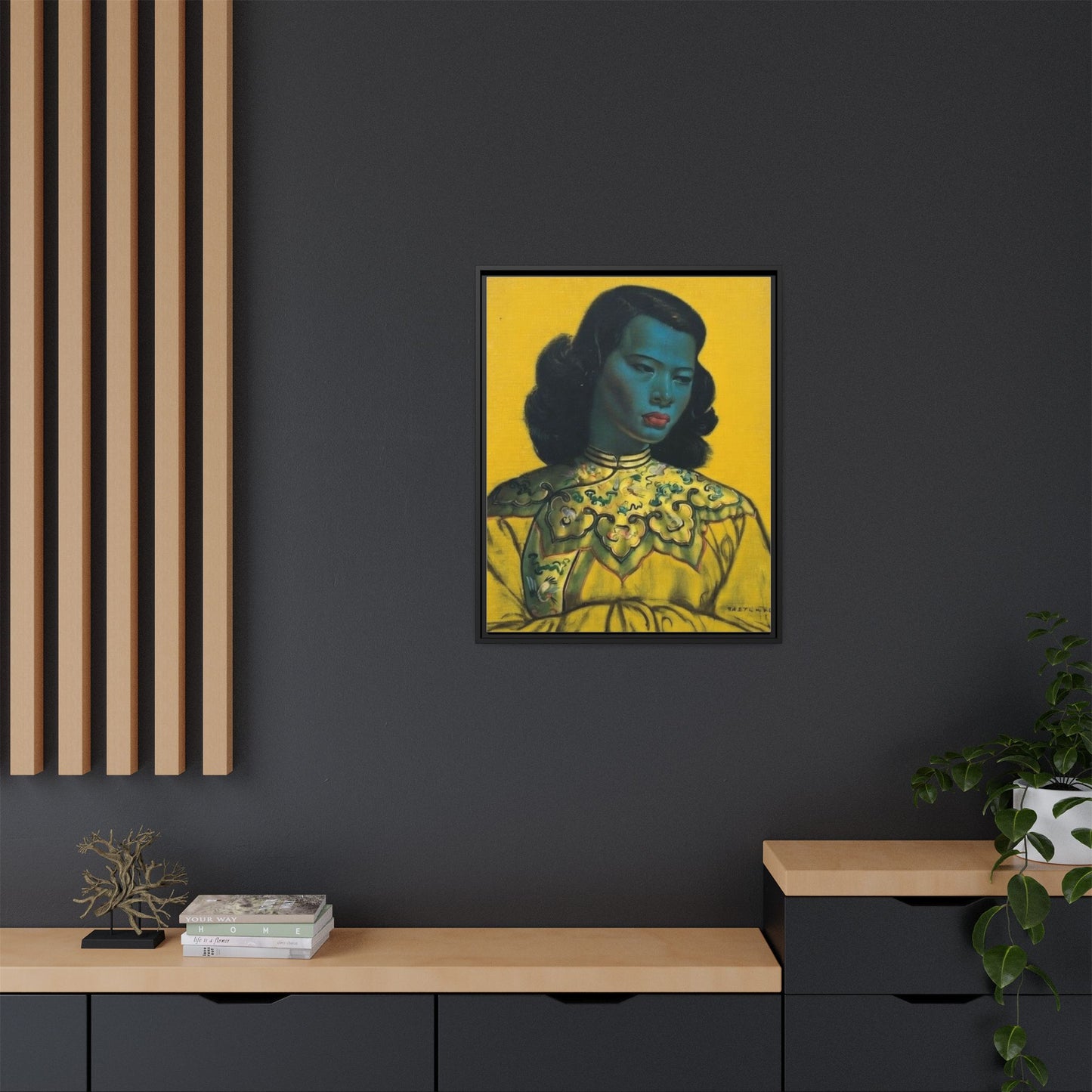 Framed Matte Canvas Art Print — Vintage Portrait with Yellow Background
