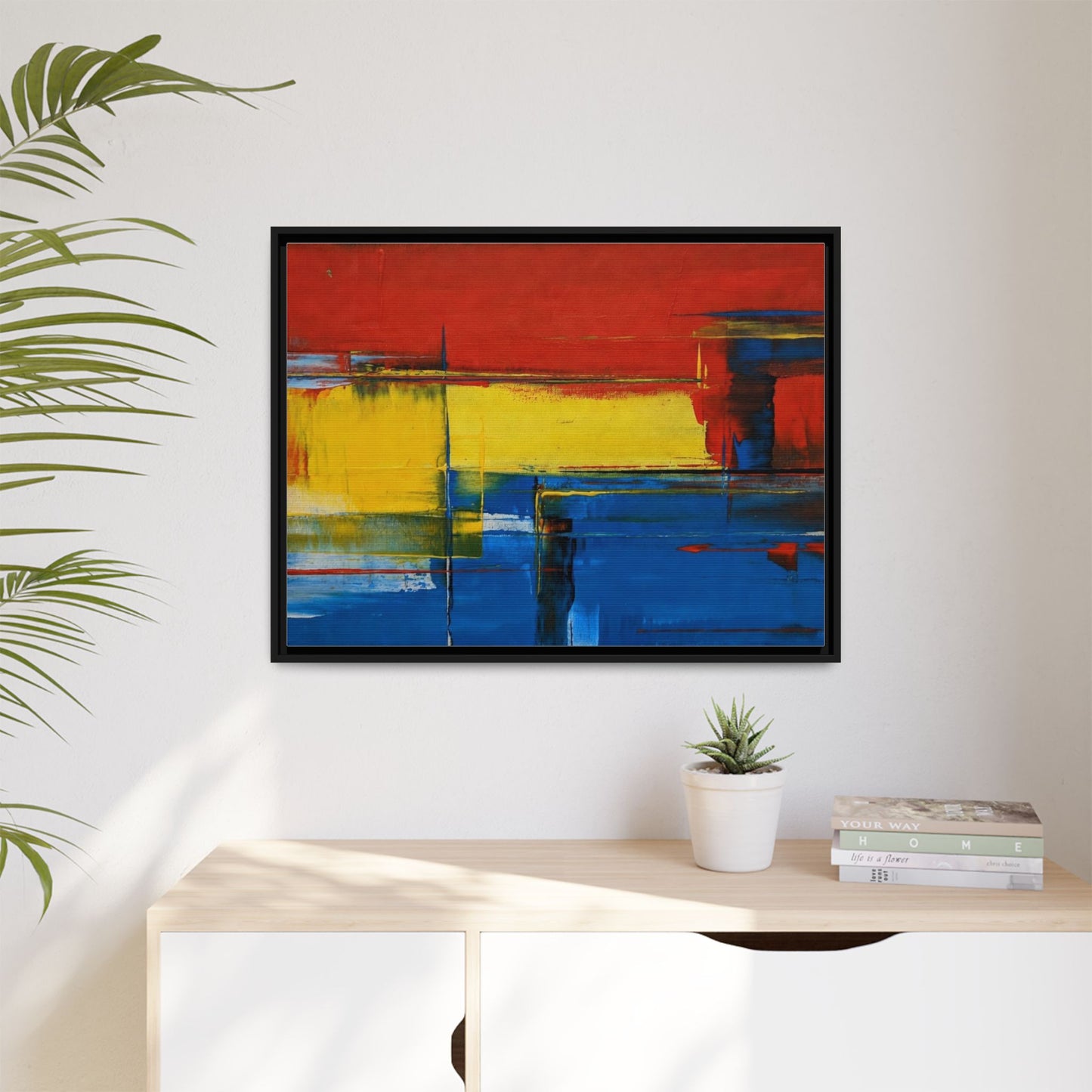 Abstract Color Block Matte Canvas Framed Wall Art — Modern Red Yellow Blue Painting