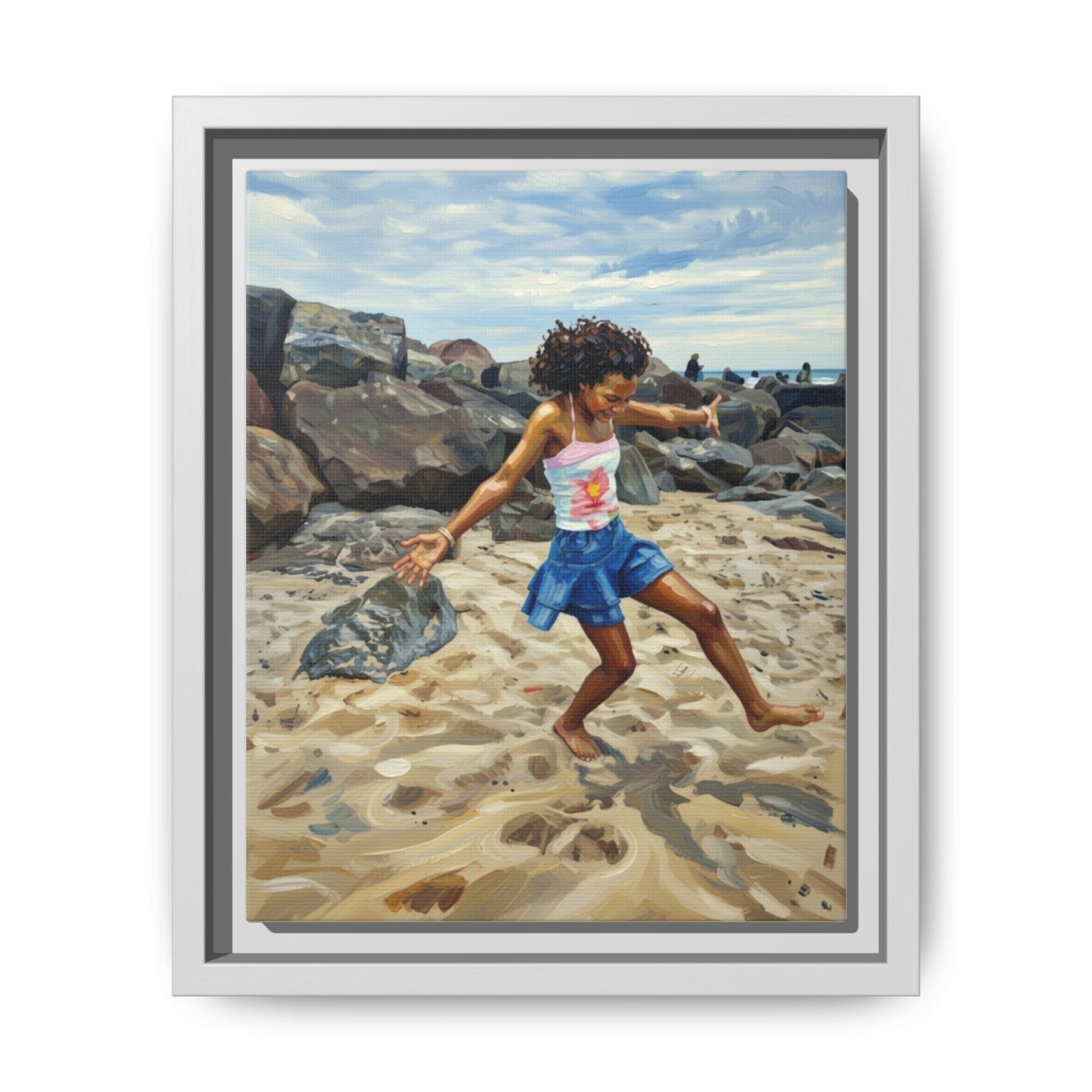 Framed Canvas Art - Girl Dancing on the Beach (Matte Multi-Color)