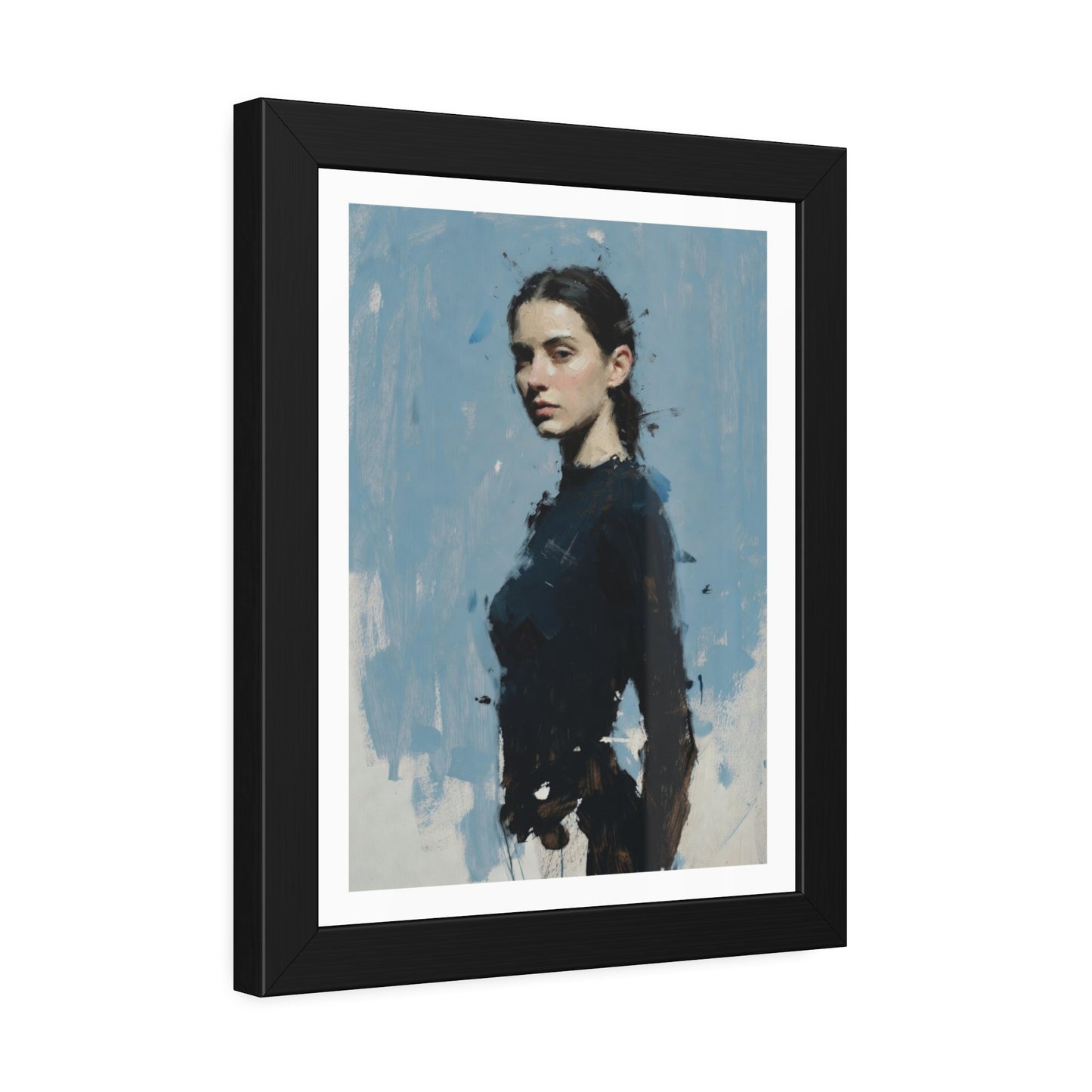 Framed Art Print — Moody Portrait with Blue Painterly Background