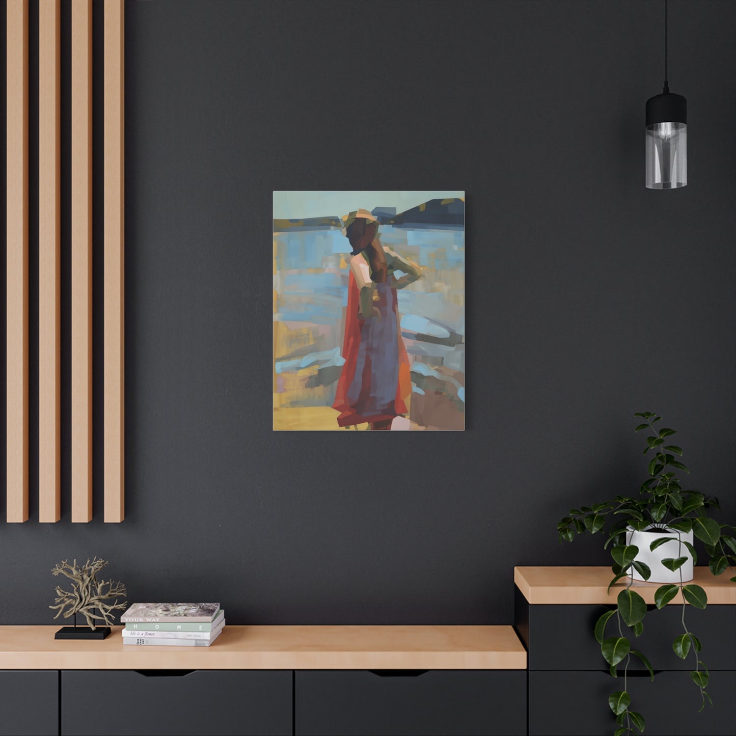 Coastal Stroll Matte Canvas Print — Abstract Woman in Red Dress, Stretched 1.25"