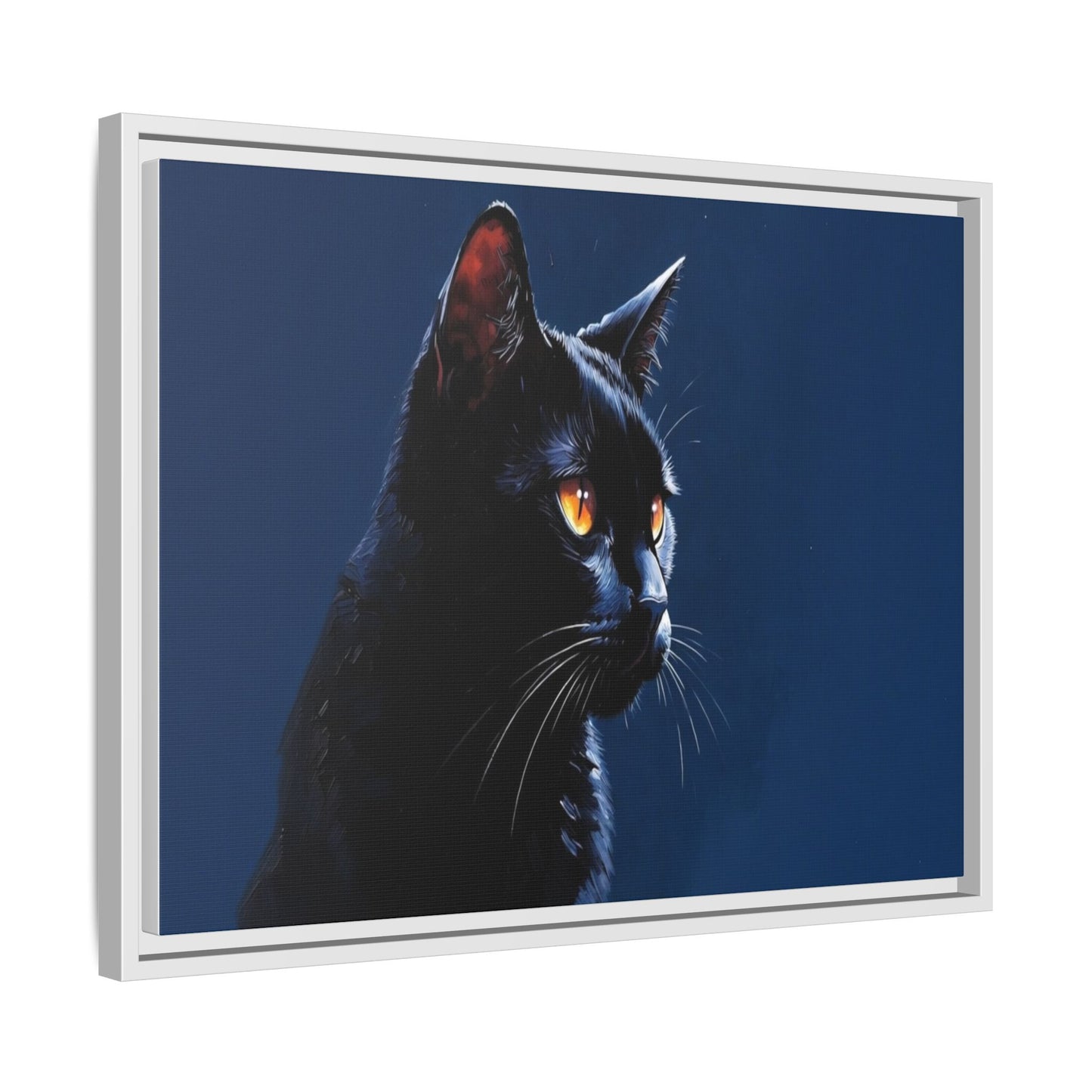 Black Cat Portrait Matte Canvas Framed Wall Art — Dramatic Feline Photo Print