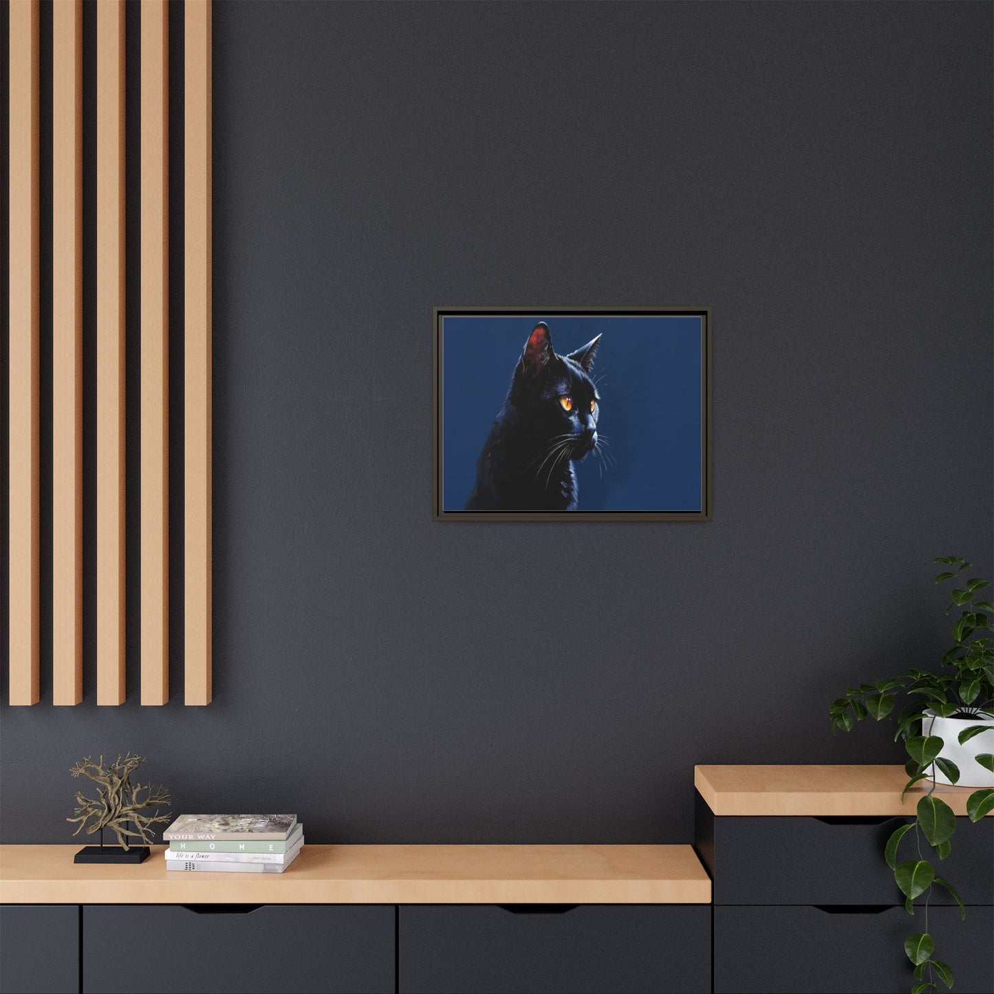Black Cat Portrait Matte Canvas Framed Wall Art — Dramatic Feline Photo Print