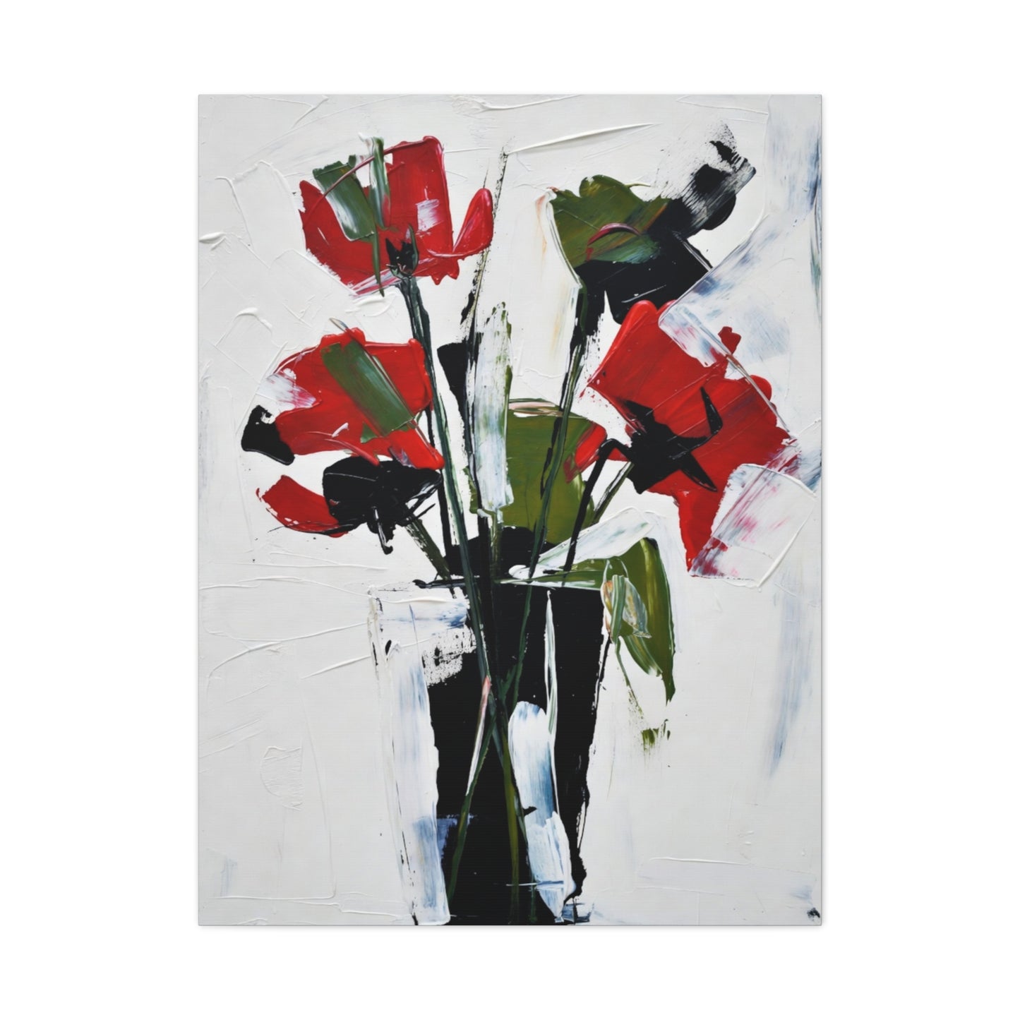 Red Floral Abstract Canvas Print — Modern Painterly Flowers on Matte Stretched Canvas
