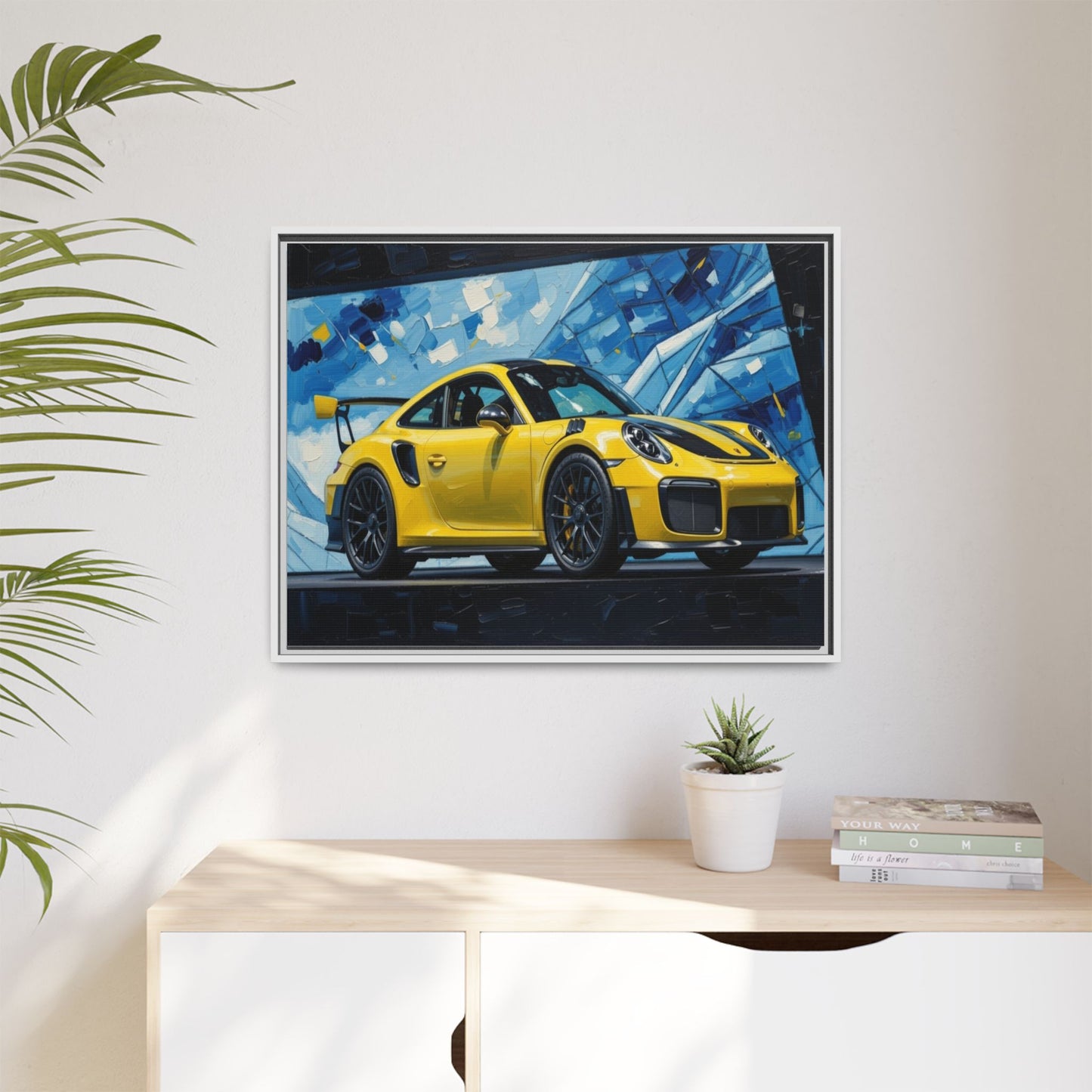 Yellow Porsche Sports Car Matte Framed Canvas – Modern Automotive Wall Art