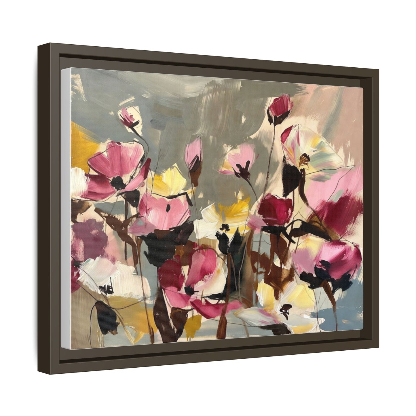 Framed Floral Canvas Wall Art — Abstract Pink & Yellow Flowers