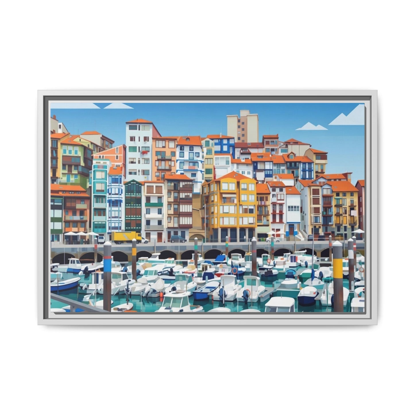 Framed Matte Canvas Print — Colorful Mediterranean Harbor Illustration