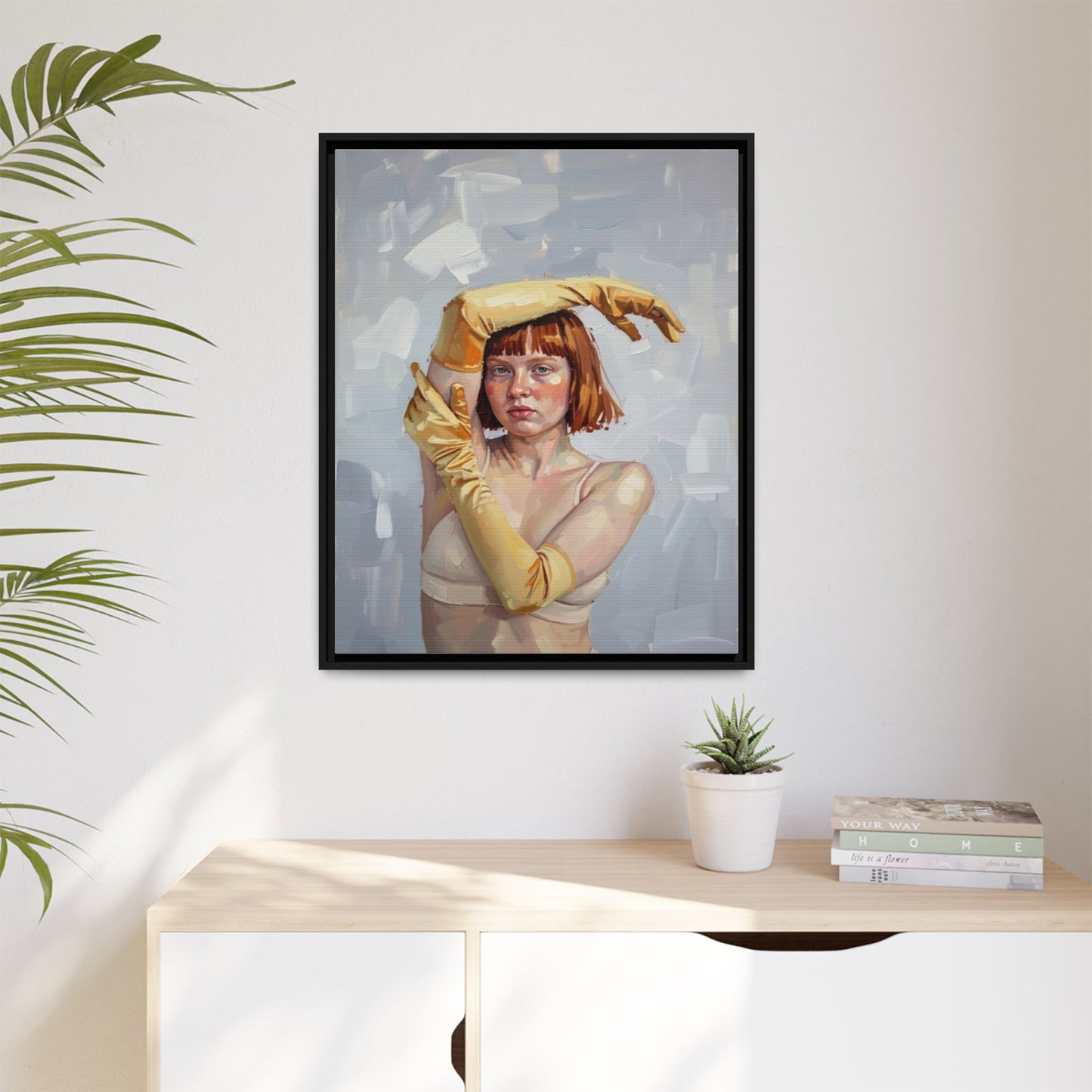 Contemporary Portrait Canvas Print — Woman with Yellow Gloves (Framed Matte)