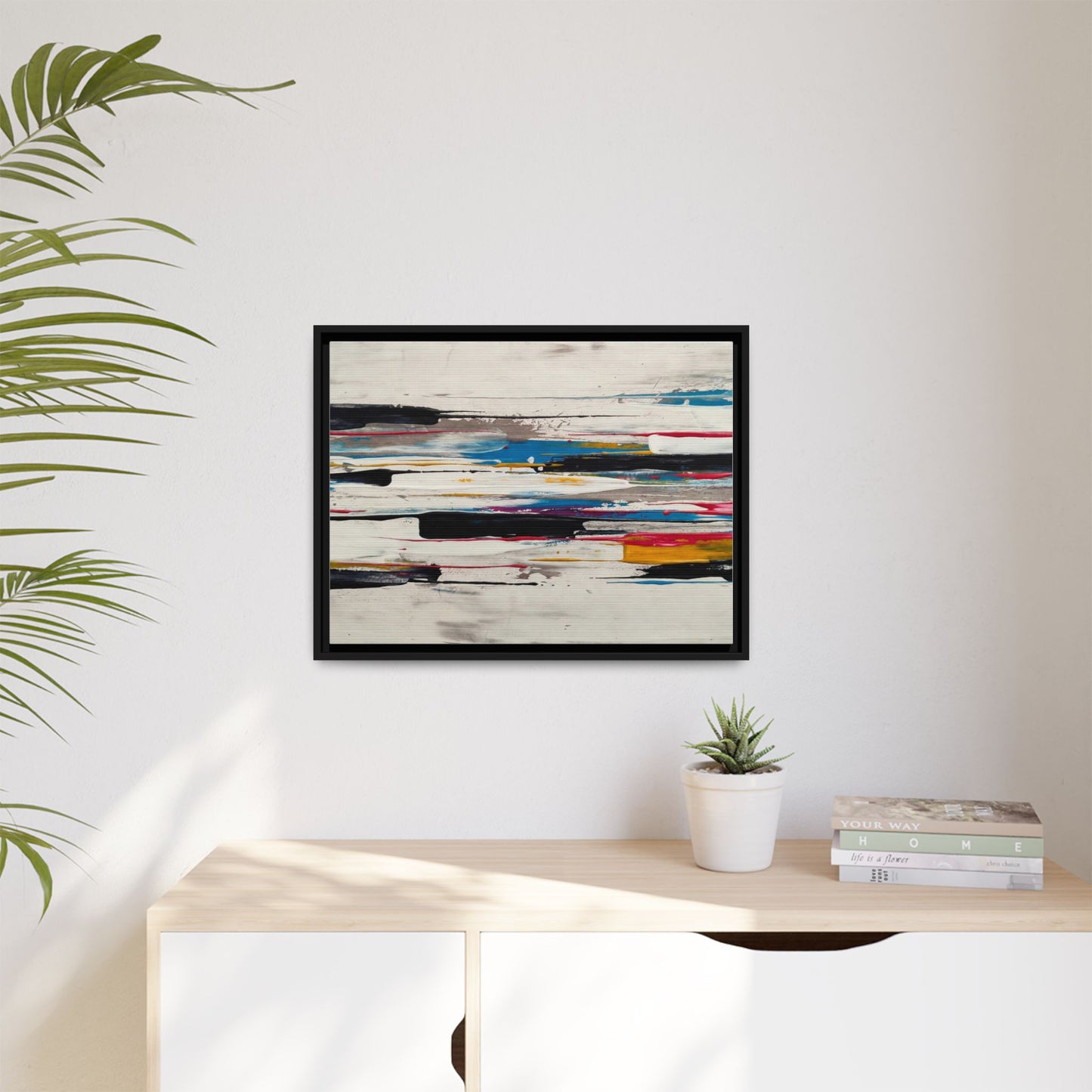 Abstract Multi-Color Framed Canvas Wall Art — Modern Horizontal Brushstroke Print