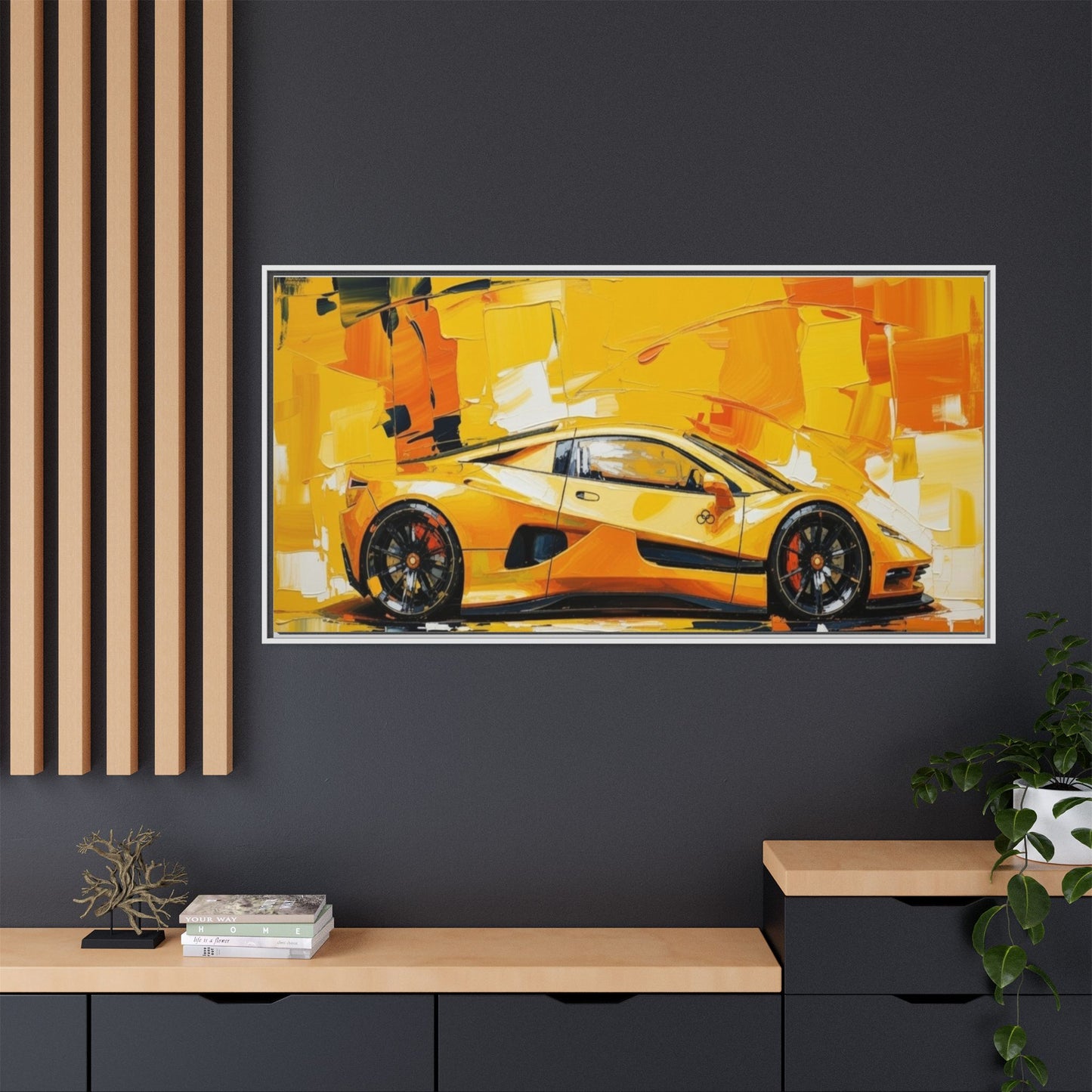 Yellow Sports Car Abstract Matte Canvas Framed Print