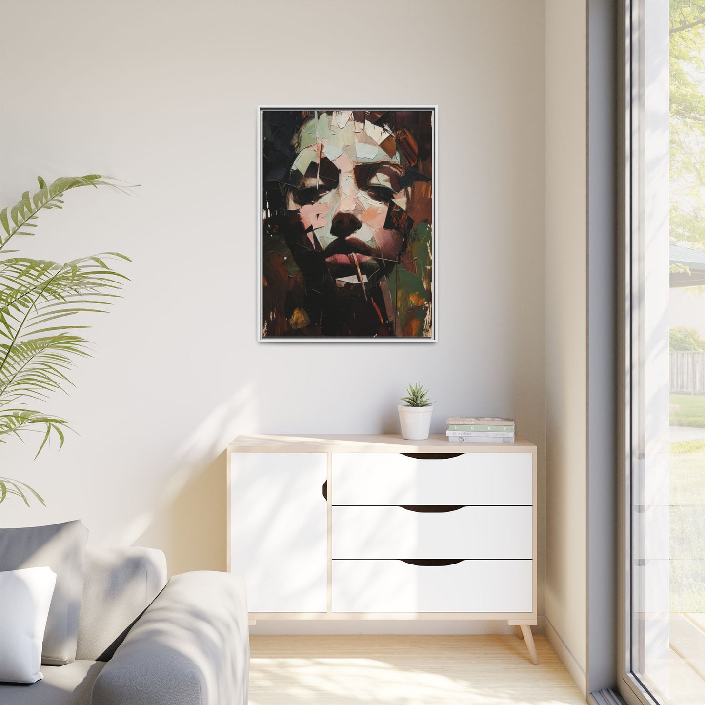 Matte Framed Canvas Art — Abstract Female Portrait, Moody Multicolor