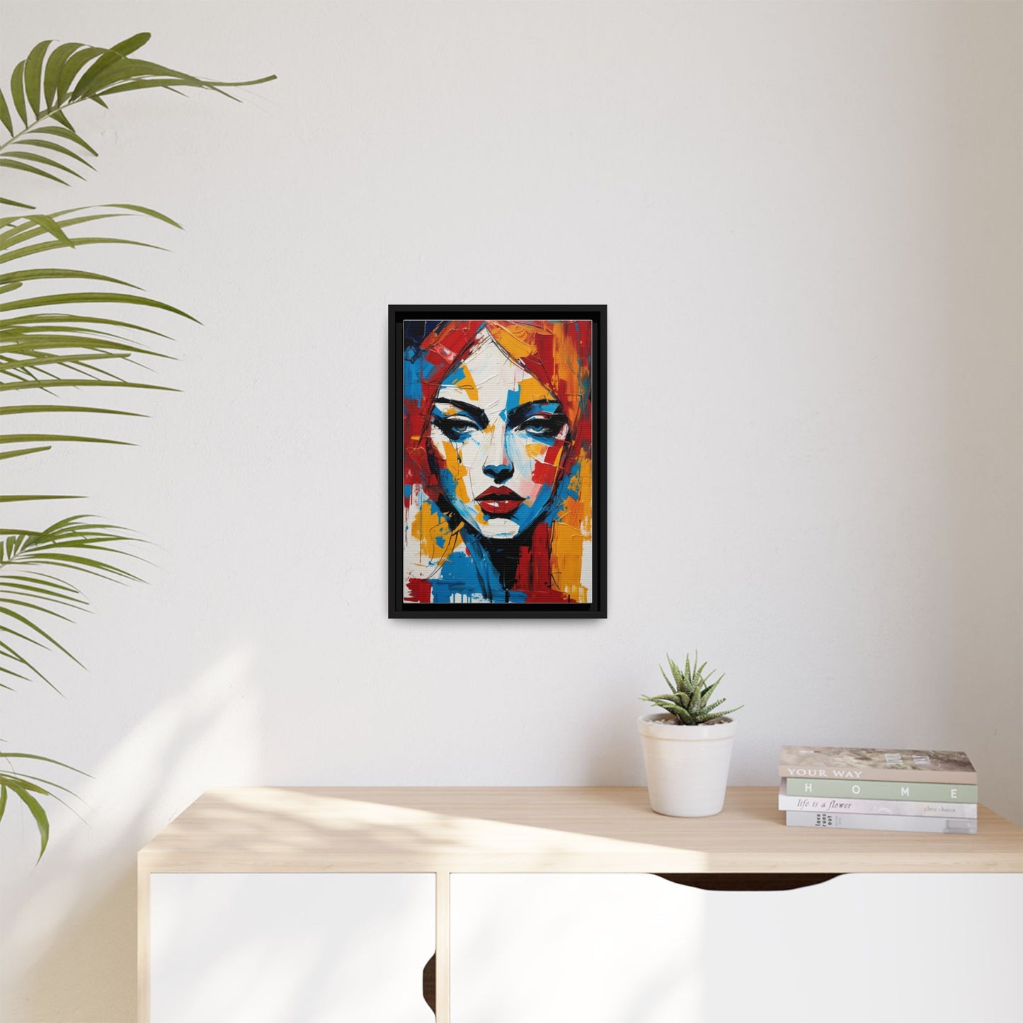Framed Abstract Portrait Canvas — Colorful Female Face Wall Art