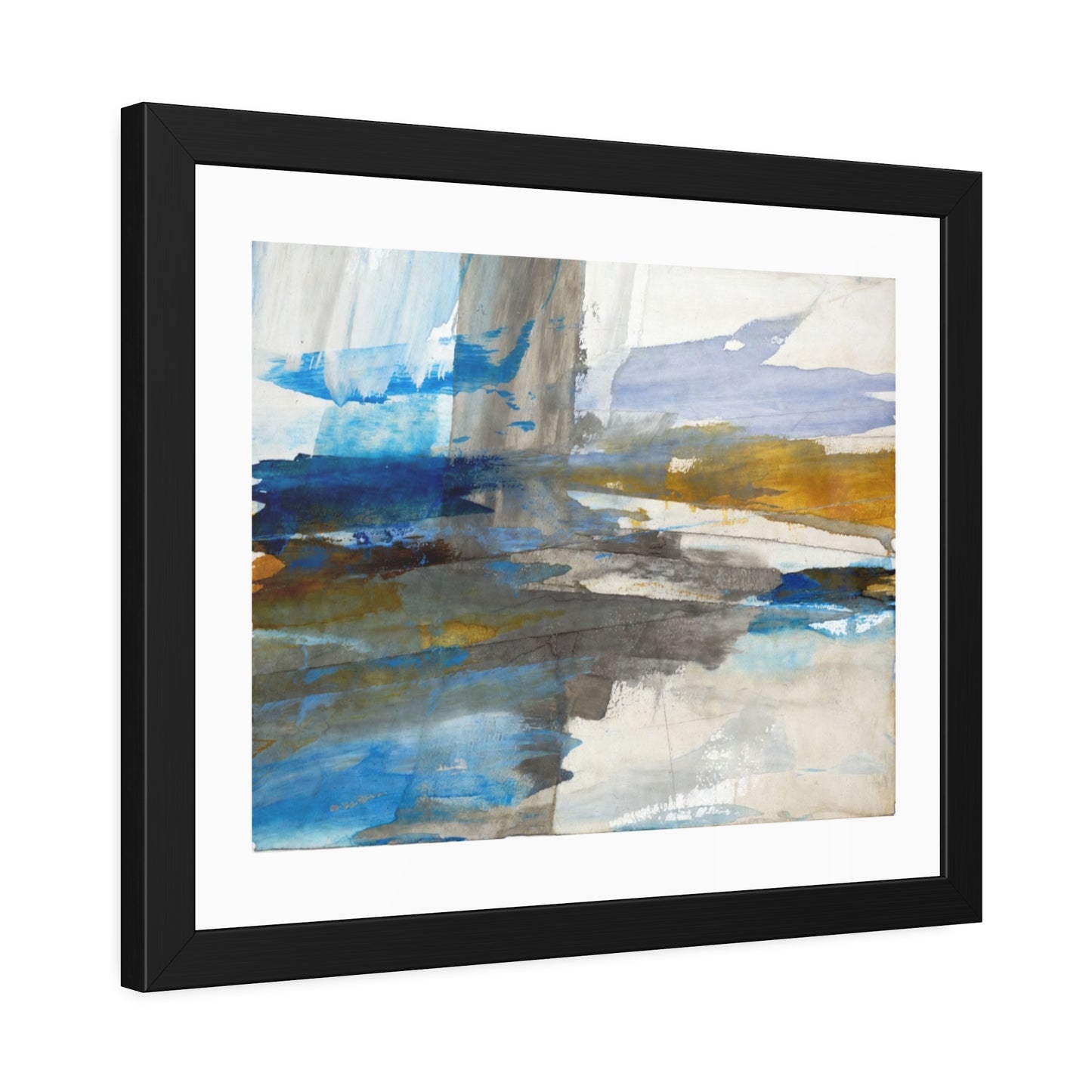 Abstract Coastal Waterscape Framed Poster — Blue & Gold Modern Wall Art