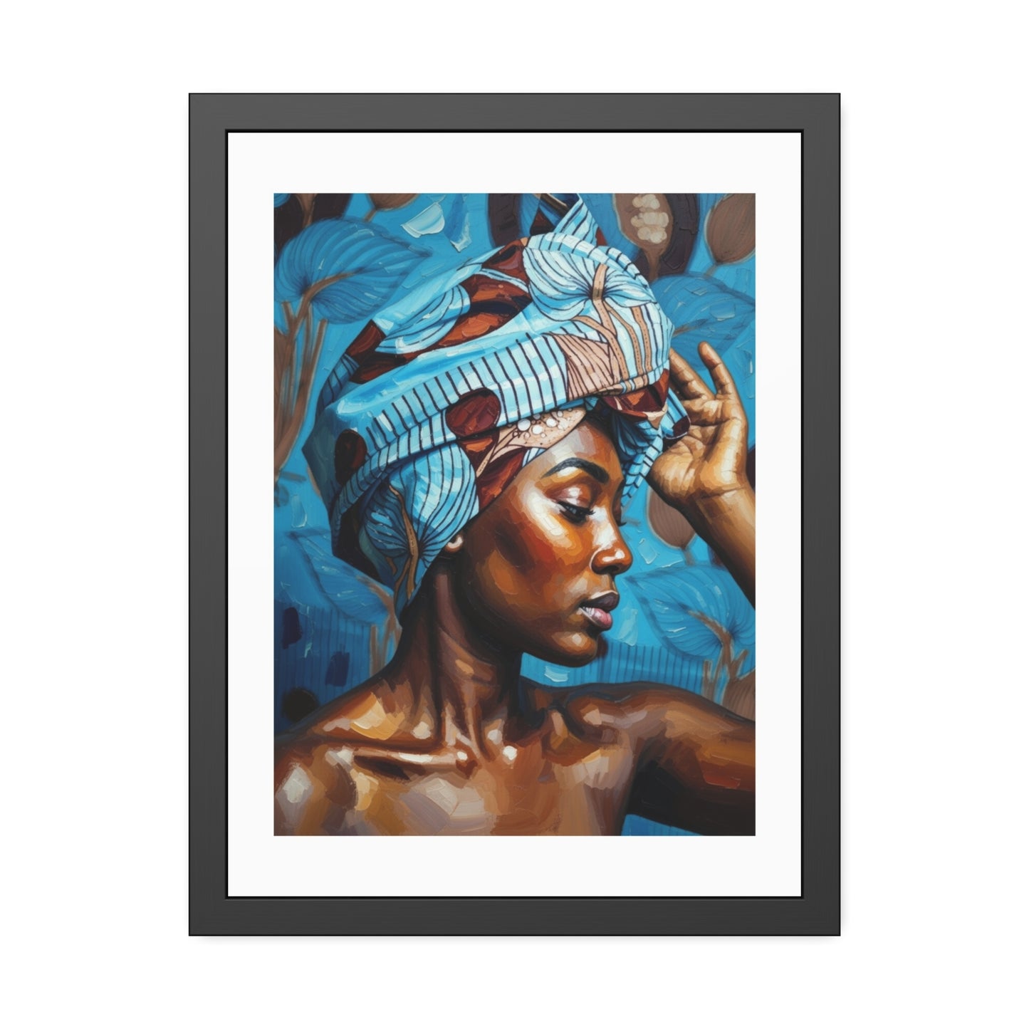Framed Art Print — Portrait of Woman with Blue Headwrap (Gallery Wall Decor)