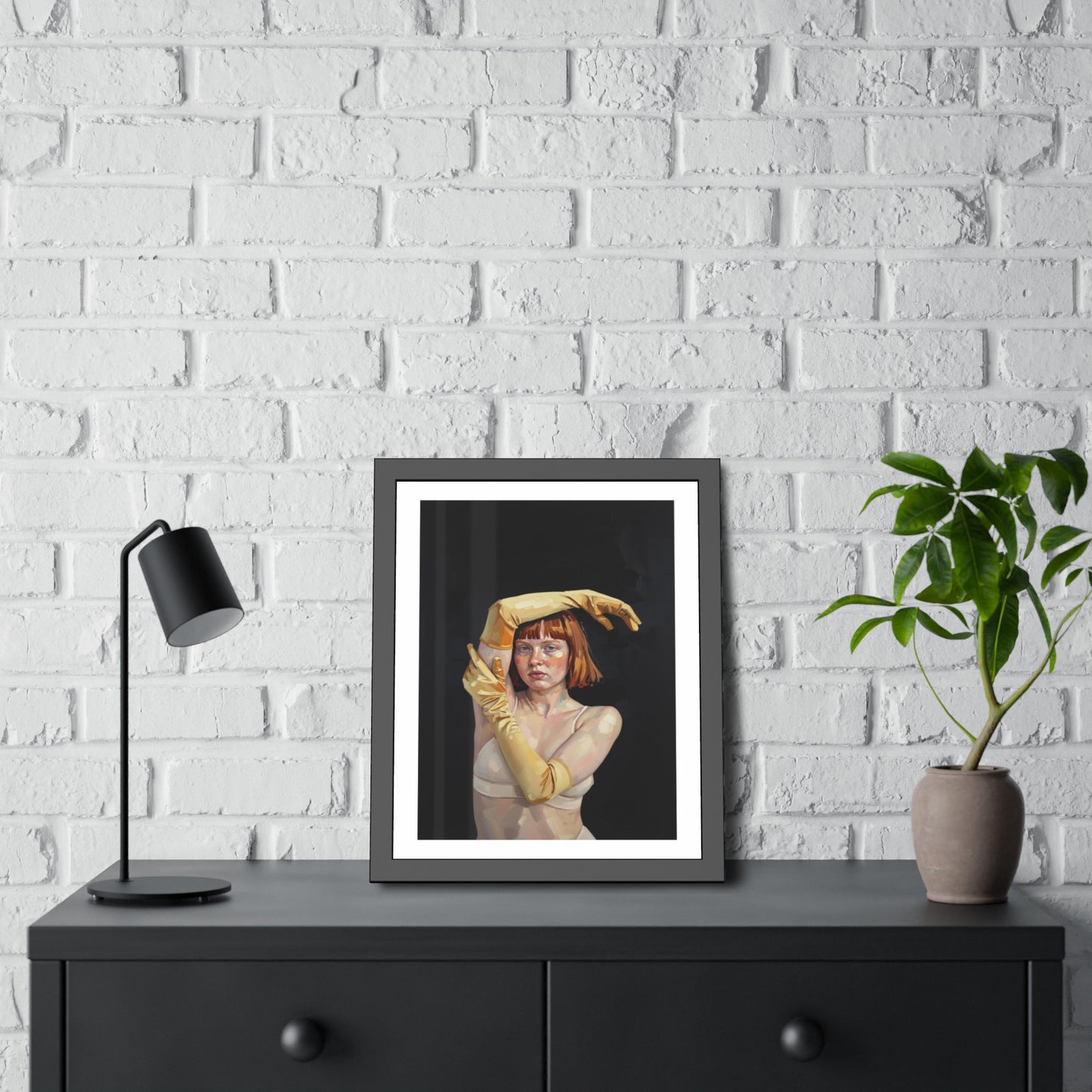 Framed Art Poster — Portrait of Redhead Woman in Yellow Gloves (Gallery Wall Print)
