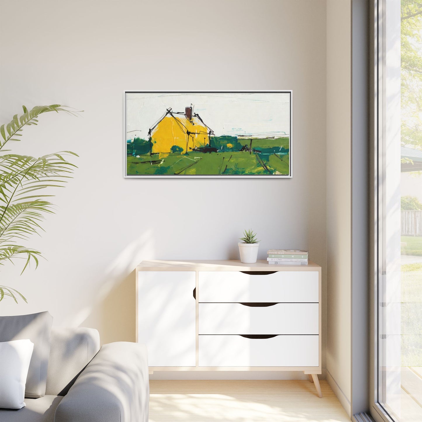 Yellow Cottage Landscape Framed Canvas Print